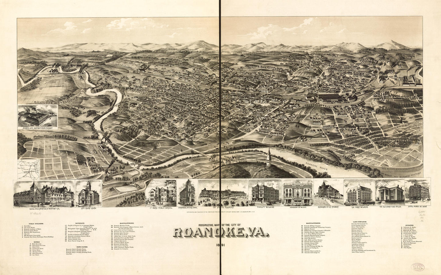 Perspective map of the city of Roanoke, Va. 1891. (1891) – Historic Bird’s-Eye View Panorama Print