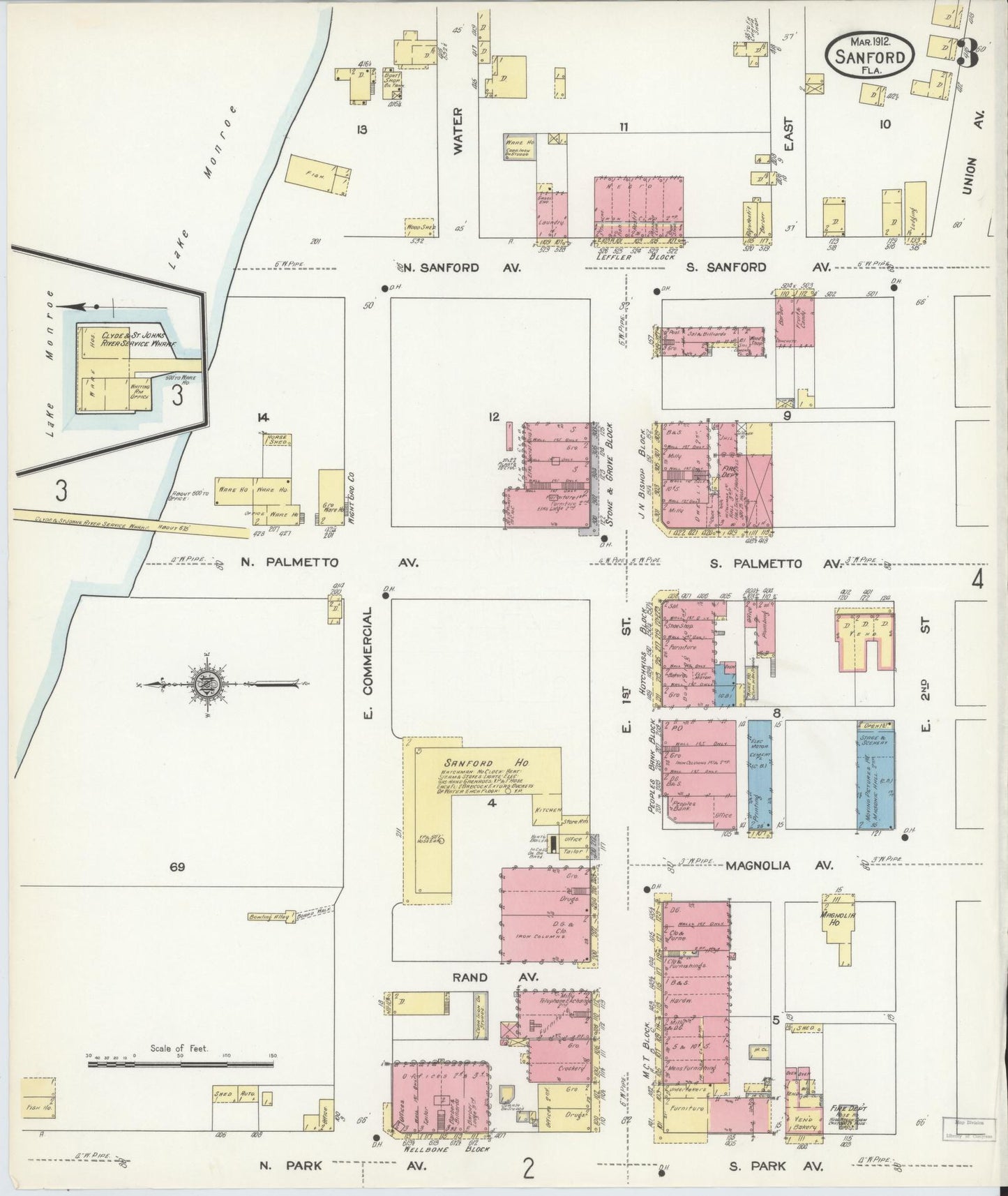 Sanborn Fire Insurance Map from Sanford, Seminole County, Florida (1912), Sheet #0003 - Historic Sanborn Fire Insurance Map Print, vintage old map wall art, antique decor, genealogy gift, Florida Florida map