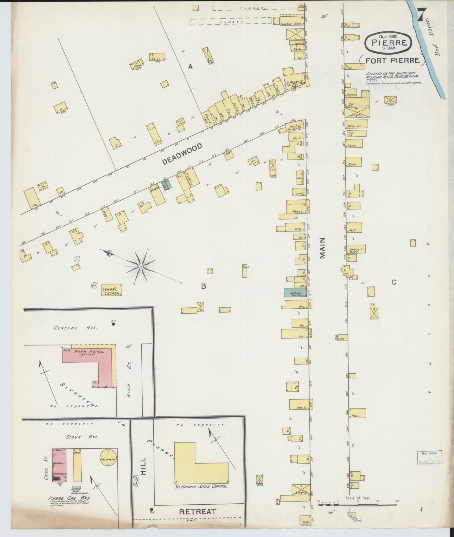Sanborn Fire Insurance Map from Pierre, Hughes County, South Dakota (1892), Sheet #0007 - Complete Map Set gallery image, historic Sanborn map, vintage wall art, South Dakota South Dakota