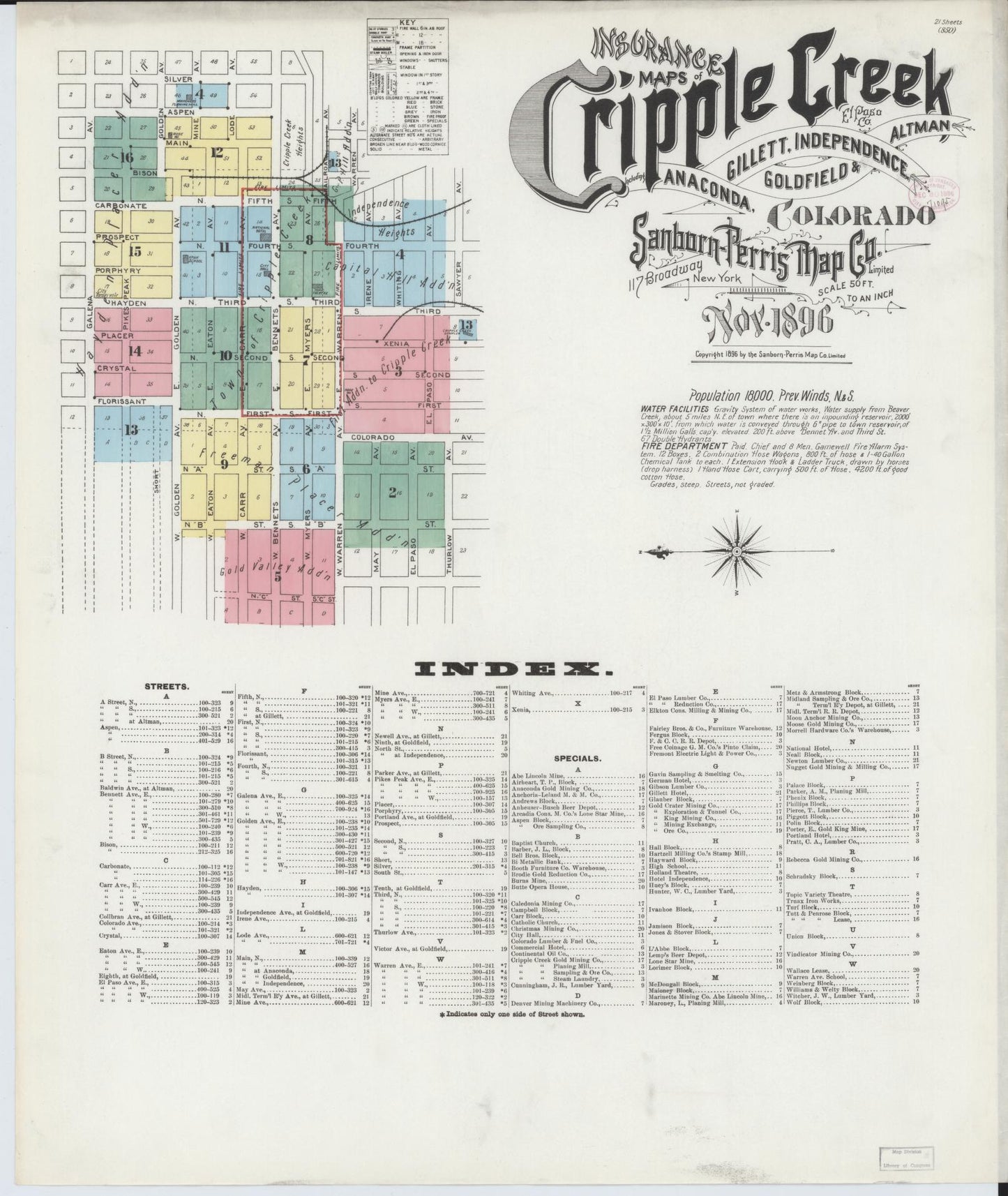 Sanborn Fire Insurance Map from Cripple Creek, Teller County, Colorado (1896), Sheet #0001 - Historic Sanborn Fire Insurance Map Print, vintage old map wall art, antique decor, genealogy gift, Colorado Colorado map