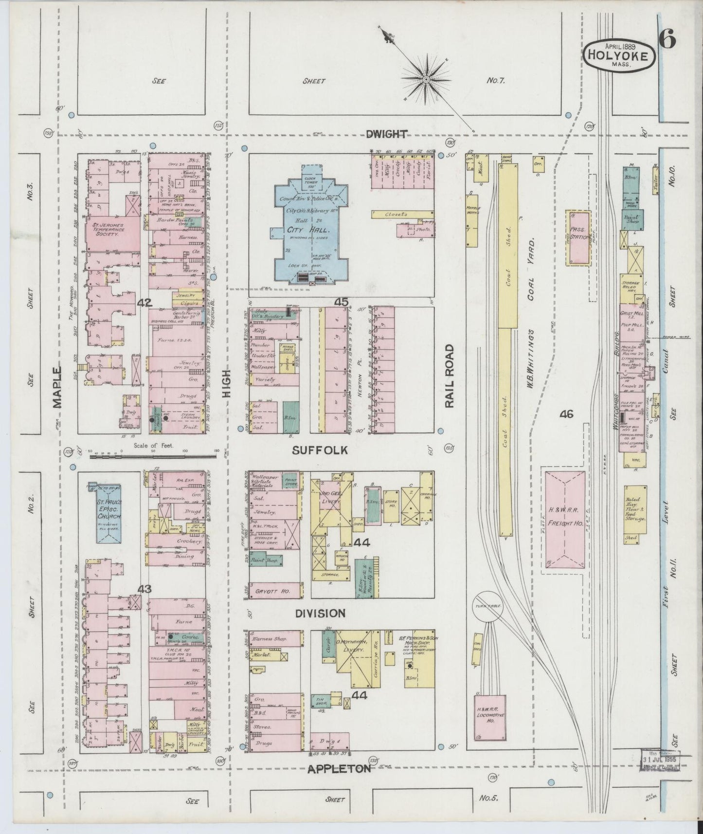 Sanborn Fire Insurance Map from Holyoke, Hampden County, Massachusetts (1889), Sheet #0006 - Historic Sanborn Fire Insurance Map Print, vintage old map wall art, antique decor, genealogy gift, Massachusetts Massachusetts map