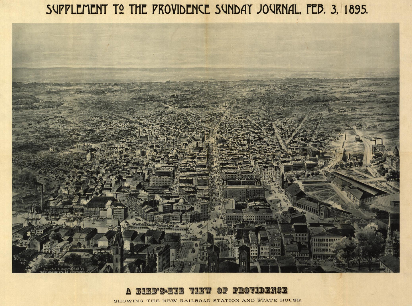 A bird's-eye view of Providence : showing the new railroad station and State House (1894) – Historic Bird’s-Eye View Panorama Print