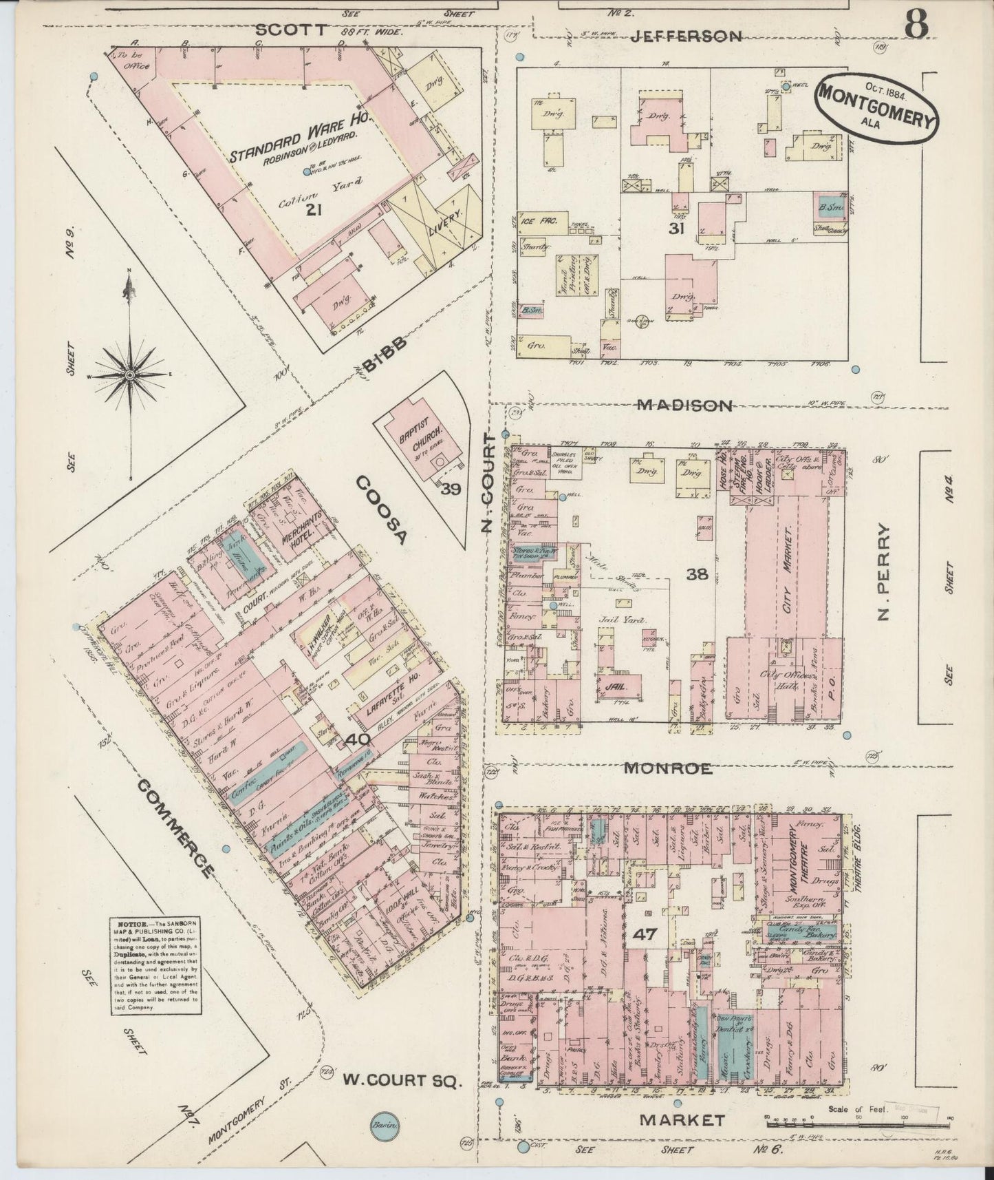 Sanborn Fire Insurance Map from Montgomery, Montgomery County, Alabama (1884), Sheet #0008 - Historic Sanborn Fire Insurance Map Print, vintage old map wall art, antique decor, genealogy gift, Alabama Alabama map