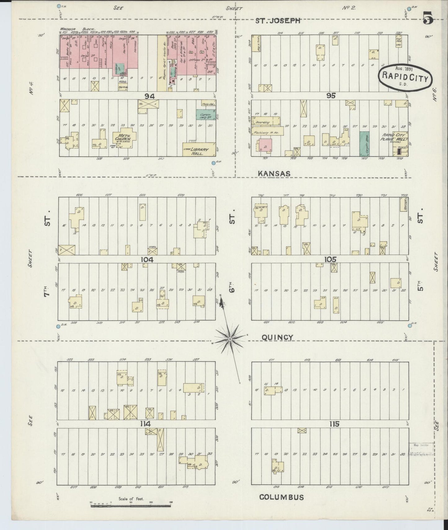 Sanborn Fire Insurance Map from Rapid City, Pennington County, South Dakota (1891), Sheet #0005 - Historic Sanborn Fire Insurance Map Print, vintage old map wall art, antique decor, genealogy gift, South Dakota South Dakota map