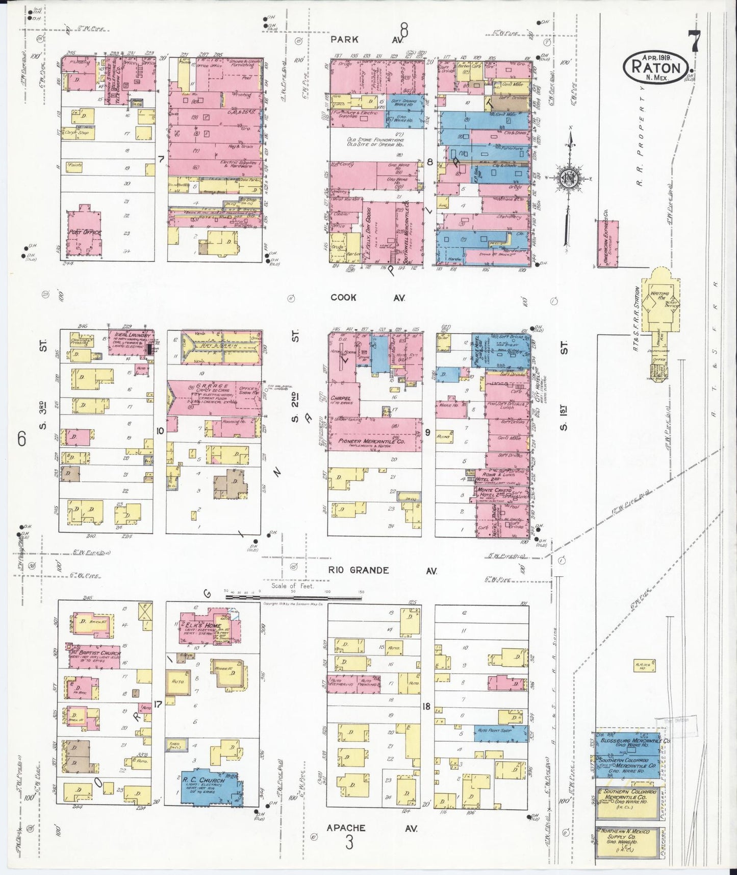 Sanborn Fire Insurance Map from Raton, Colfax County, New Mexico (1919), Sheet #0007 - Historic Sanborn Fire Insurance Map Print, vintage old map wall art, antique decor, genealogy gift, New Mexico New Mexico map