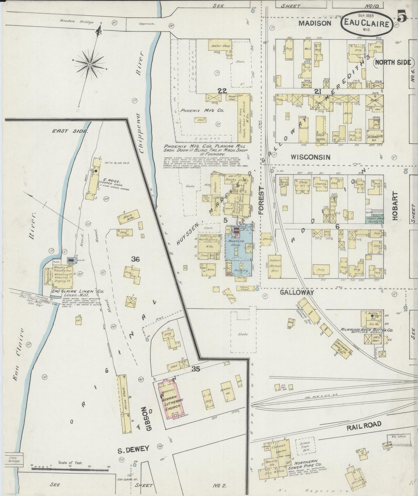 Sanborn Fire Insurance Map from Eau Claire, Eau Claire County, Wisconsin (1889), Sheet #0005 - Historic Sanborn Fire Insurance Map Print, vintage old map wall art, antique decor, genealogy gift, Wisconsin Wisconsin map
