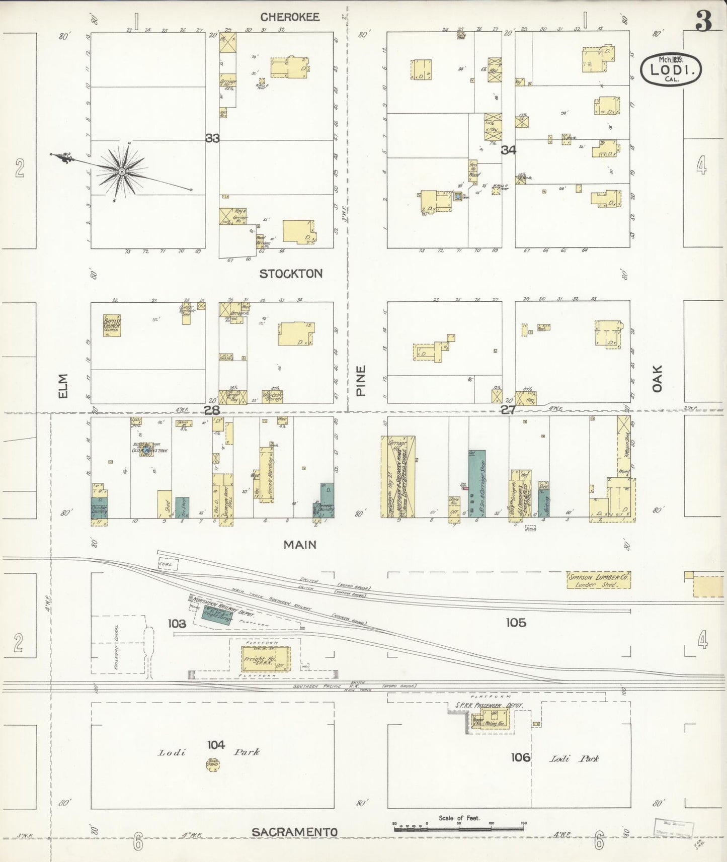 Sanborn Fire Insurance Map from Lodi, San Joaquin County, California (1895), Sheet #0003 - Historic Sanborn Fire Insurance Map Print, vintage old map wall art, antique decor, genealogy gift, California California map