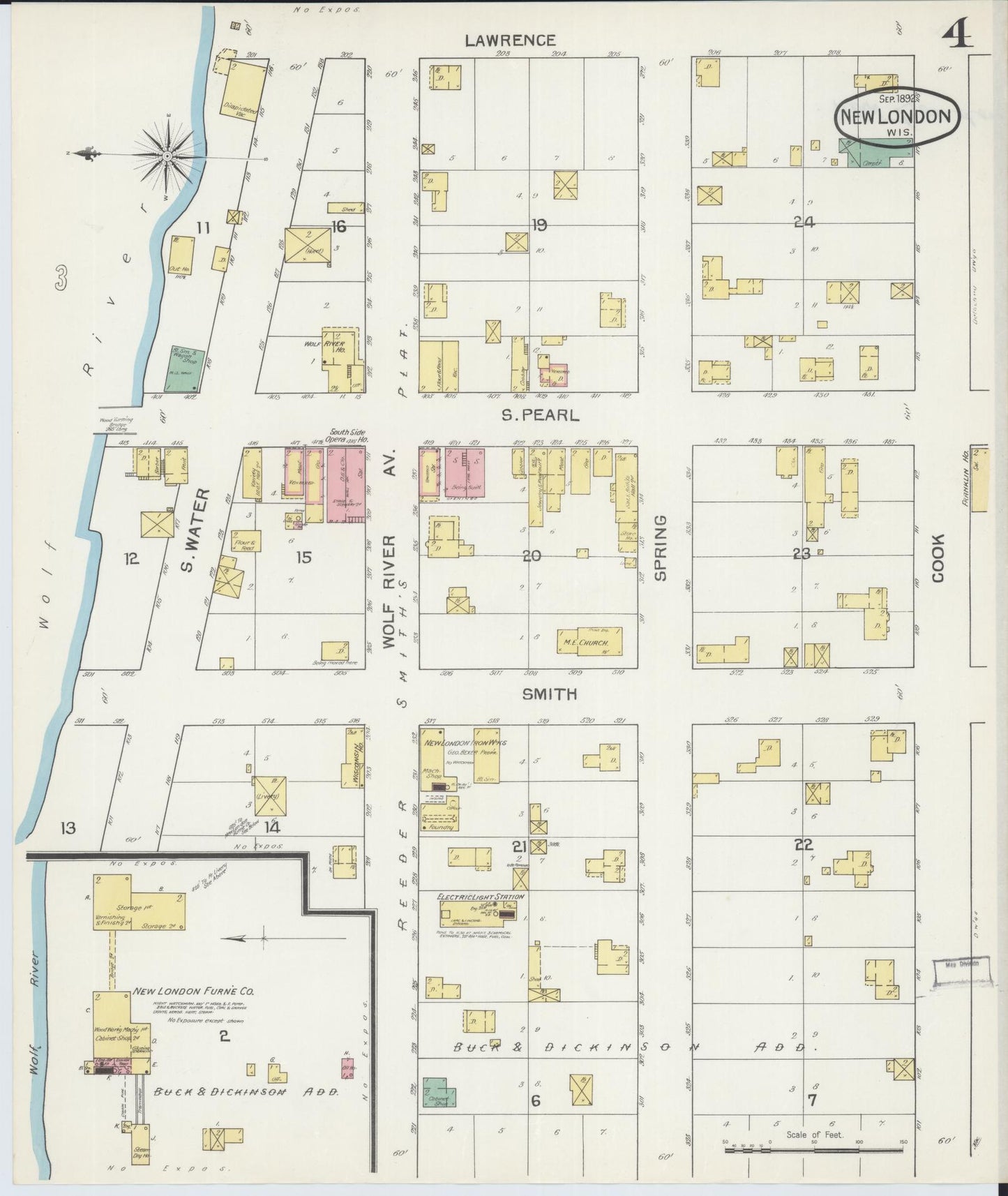 Sanborn Fire Insurance Map from New London, Waupaca and Outagamie Counties, Wisconsin (1892), Sheet #0004 - Historic Sanborn Fire Insurance Map Print, vintage old map wall art, antique decor, genealogy gift, Wisconsin Wisconsin map