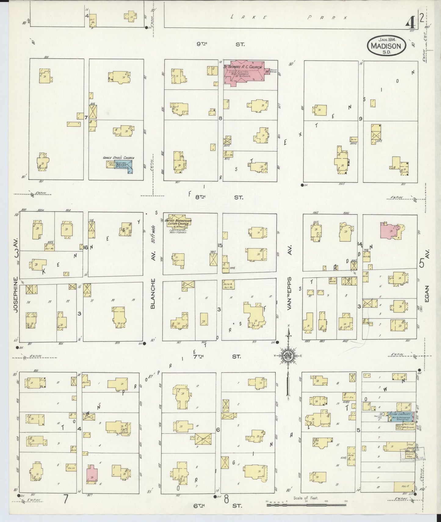 Sanborn Fire Insurance Map from Madison, Lake County, South Dakota (1914), Sheet #0004 - Historic Sanborn Fire Insurance Map Print, vintage old map wall art, antique decor, genealogy gift, South Dakota South Dakota map