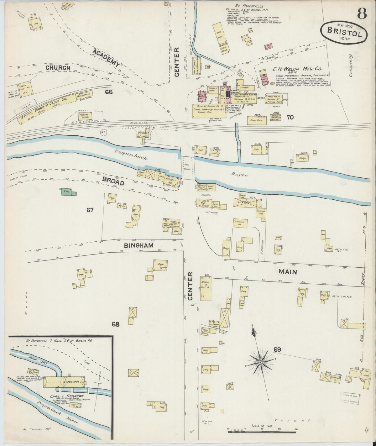 Sanborn Fire Insurance Map from Bristol, Hartford County, Connecticut (1890), Sheet #0007 - Historic Sanborn Fire Insurance Map Print, vintage old map wall art, antique decor, genealogy gift, Connecticut Connecticut map