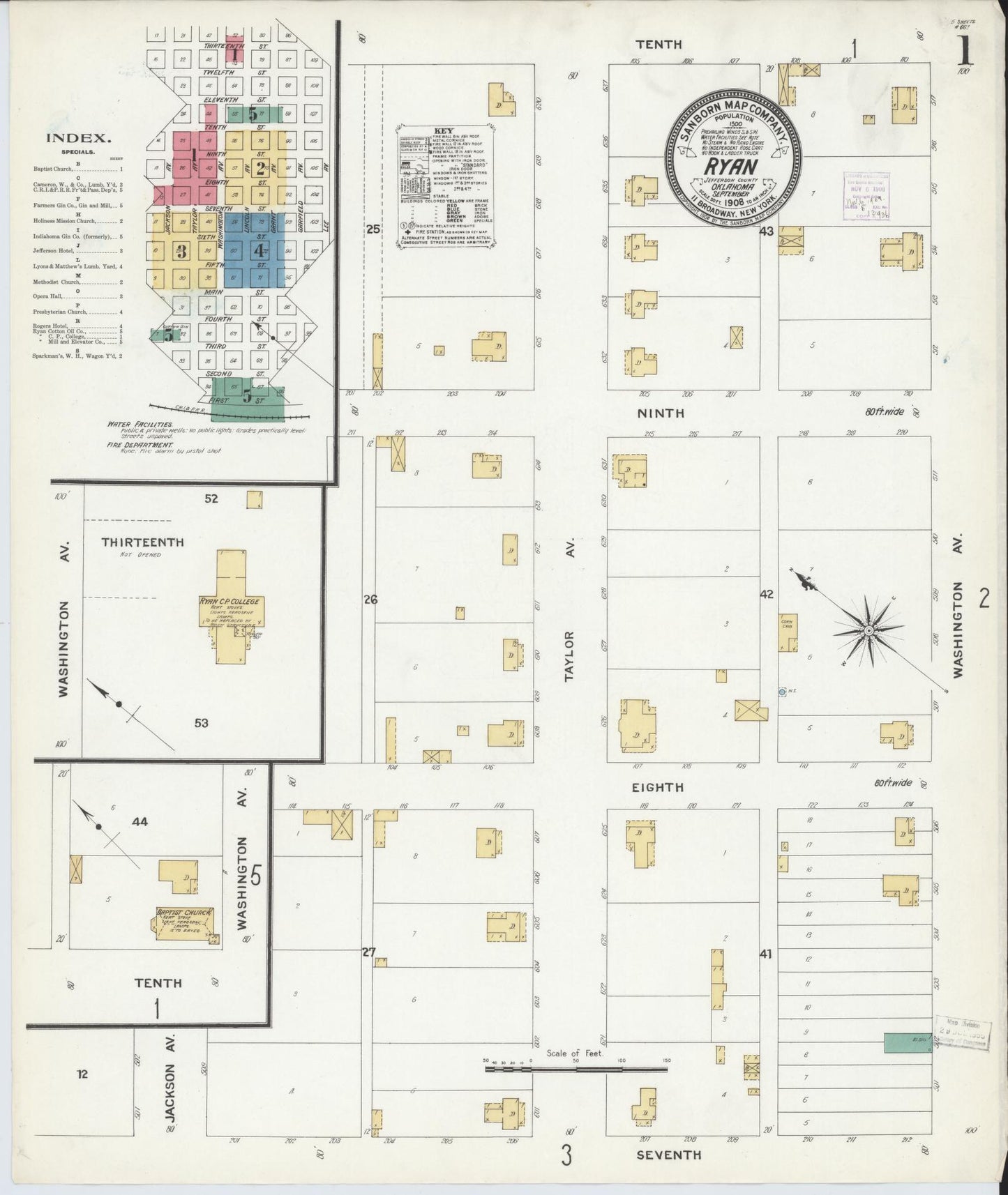Sanborn Fire Insurance Map from Ryan, Jefferson County, Oklahoma (1908), Sheet #0001 - Historic Sanborn Fire Insurance Map Print, vintage old map wall art, antique decor, genealogy gift, Oklahoma Oklahoma map