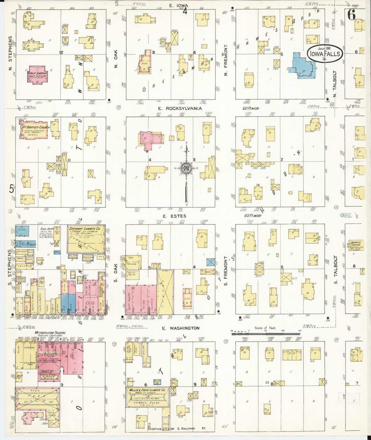 Sanborn Fire Insurance Map from Iowa Falls, Hardin County, Iowa (1911), Sheet #0006 - Historic Sanborn Fire Insurance Map Print, vintage old map wall art