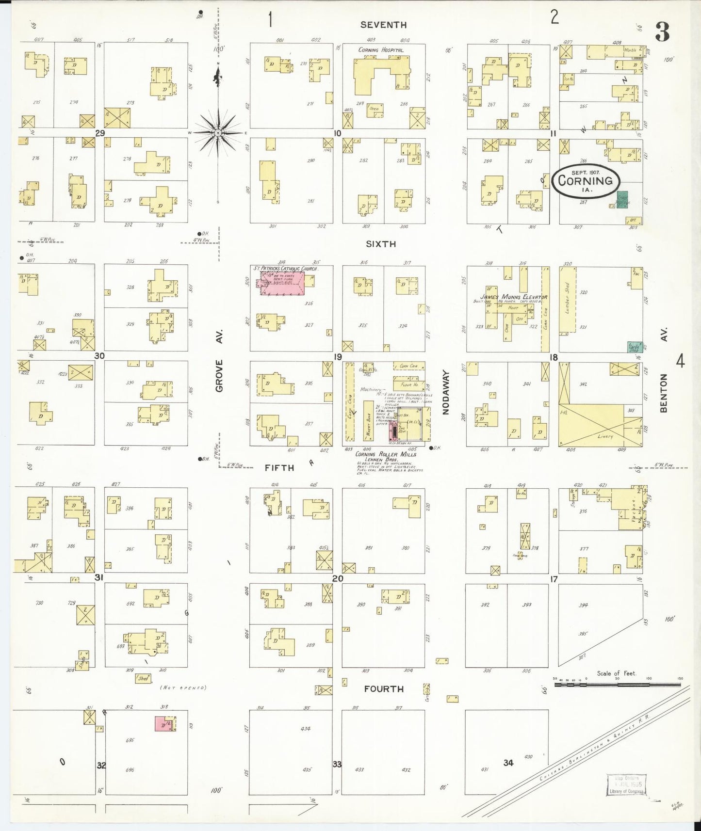 Sanborn Fire Insurance Map from Corning, Adams County, Iowa (1907), Sheet #0003 - Historic Sanborn Fire Insurance Map Print, vintage old map wall art