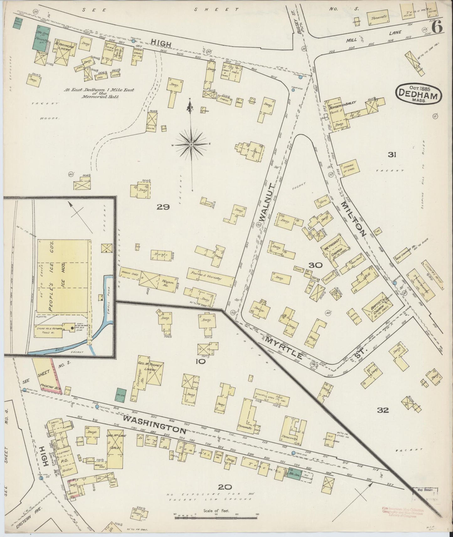 Sanborn Fire Insurance Map from Dedham, Norfolk County, Massachusetts (1885), Sheet #0006 - Complete Map Set gallery image, historic Sanborn map, vintage wall art, Massachusetts Massachusetts