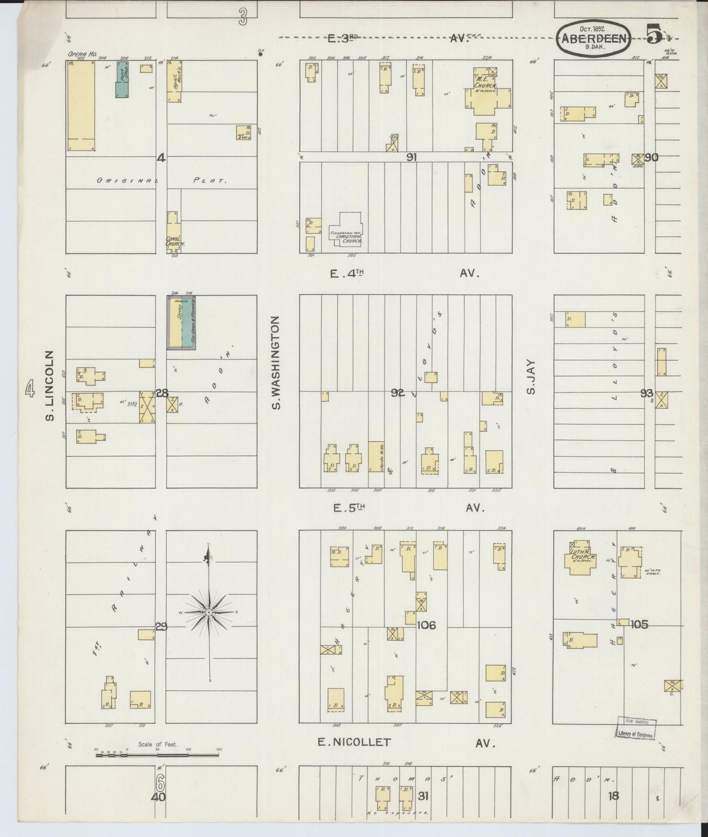Sanborn Fire Insurance Map from Aberdeen, Brown County, South Dakota (1892), Sheet #0005 - Historic Sanborn Fire Insurance Map Print, vintage old map wall art, antique decor, genealogy gift, South Dakota South Dakota map