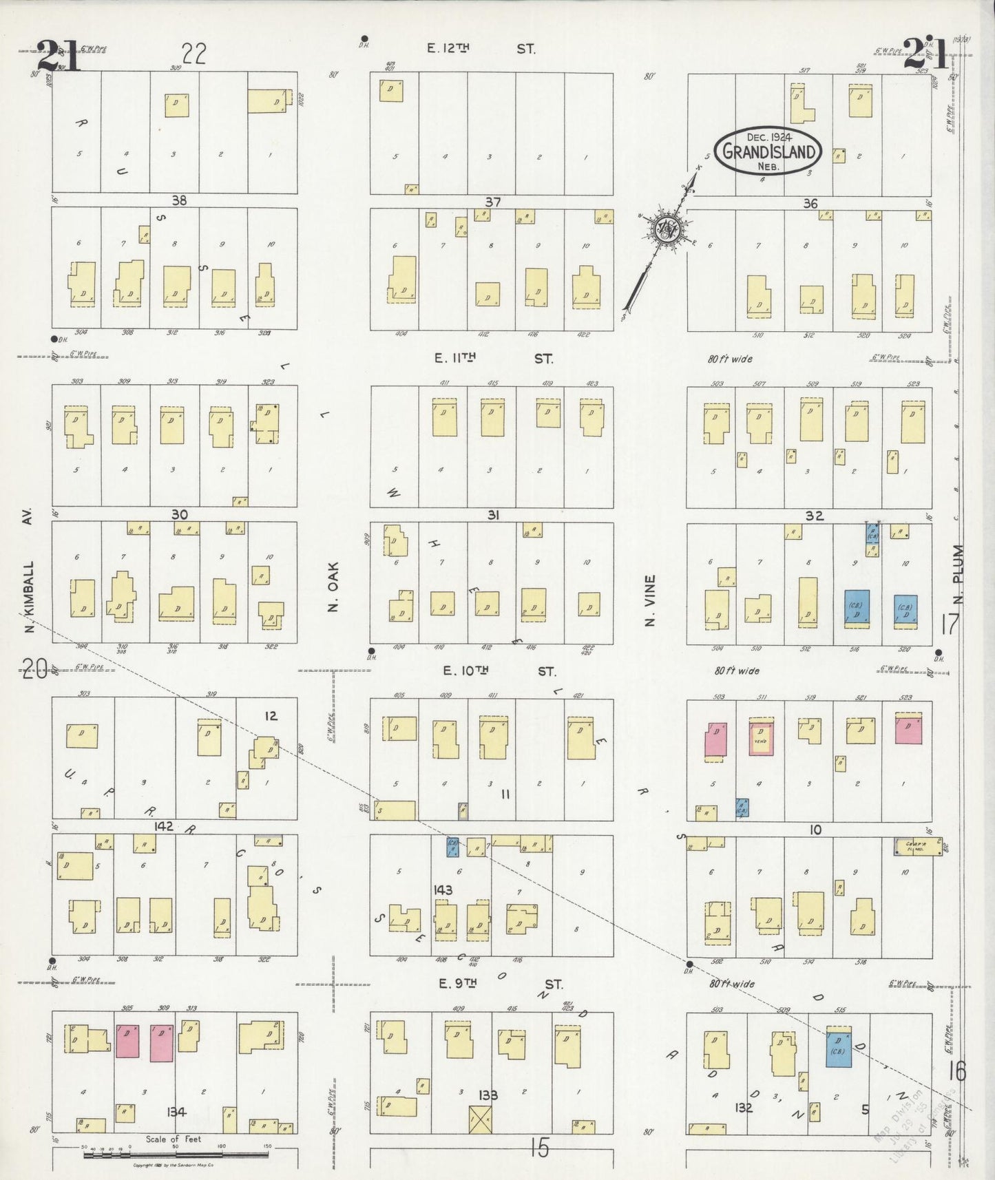 Sanborn Fire Insurance Map from Grand Island, Hall County, Nebraska (1924), Sheet #0021 - Historic Sanborn Fire Insurance Map Print, vintage old map wall art, antique decor, genealogy gift, Nebraska Nebraska map