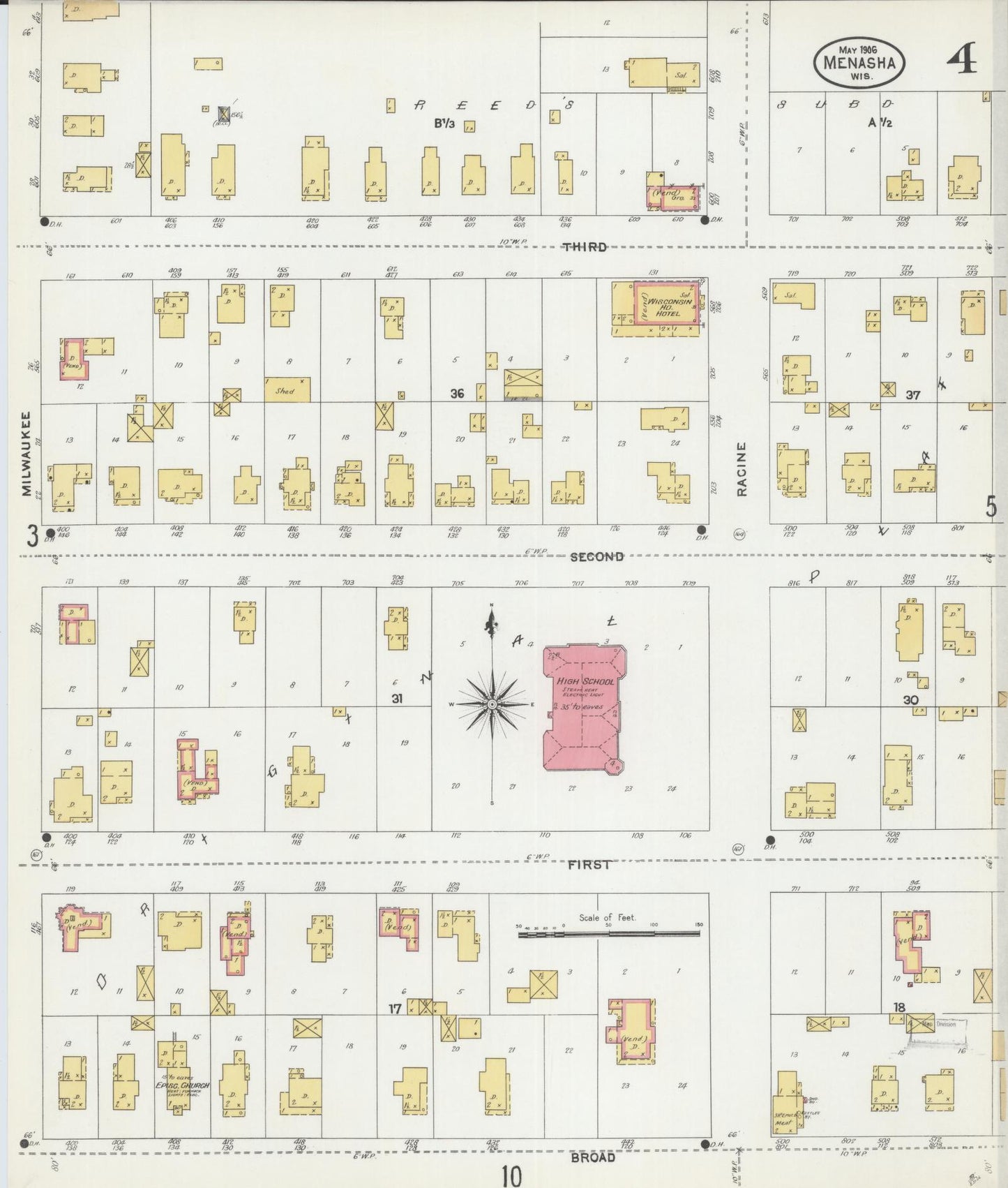 Sanborn Fire Insurance Map from Menasha, Winnebago County, Wisconsin (1906), Sheet #0004 - Historic Sanborn Fire Insurance Map Print, vintage old map wall art, antique decor, genealogy gift, Wisconsin Wisconsin map