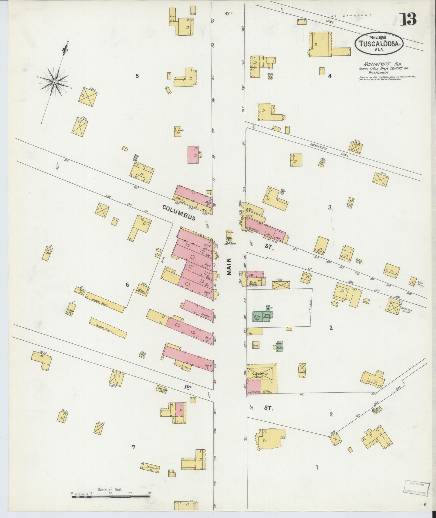 Sanborn Fire Insurance Map from Tuscaloosa, Tuscaloosa County, Alabama (1899), Sheet #0013 - Historic Sanborn Fire Insurance Map Print, vintage old map wall art, antique decor, genealogy gift, Alabama Alabama map