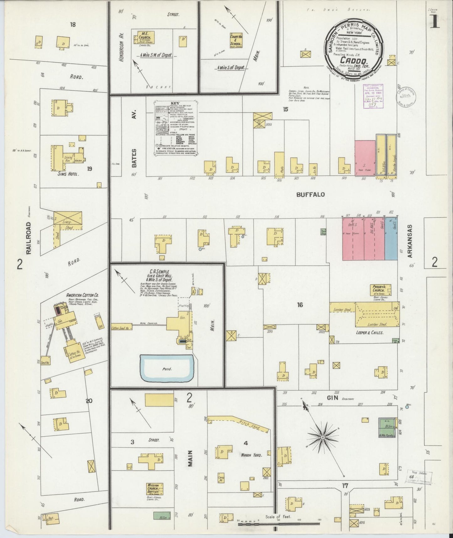 Sanborn Fire Insurance Map from Caddo, Bryan County, Oklahoma (1901), Sheet #0001 - Historic Sanborn Fire Insurance Map Print, vintage old map wall art, antique decor, genealogy gift, Oklahoma Oklahoma map