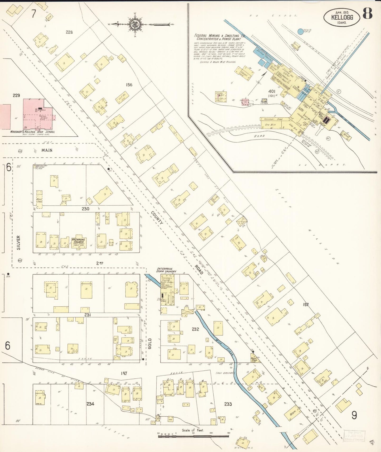 Sanborn Fire Insurance Map from Kellogg, Shoshone County, Idaho (1915), Sheet #0008 - Historic Sanborn Fire Insurance Map Print, vintage old map wall art, antique decor, genealogy gift, Idaho Idaho map