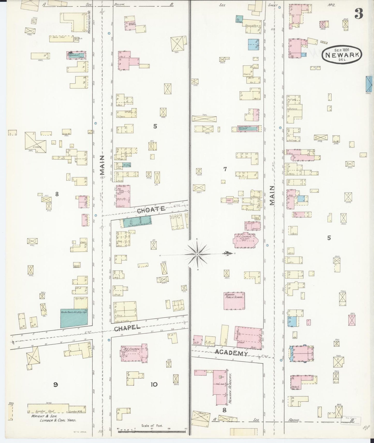 Sanborn Fire Insurance Map from Newark, New Castle County, Delaware (1891), Sheet #0003 - Complete Map Set gallery image, historic Sanborn map, vintage wall art, Delaware Delaware