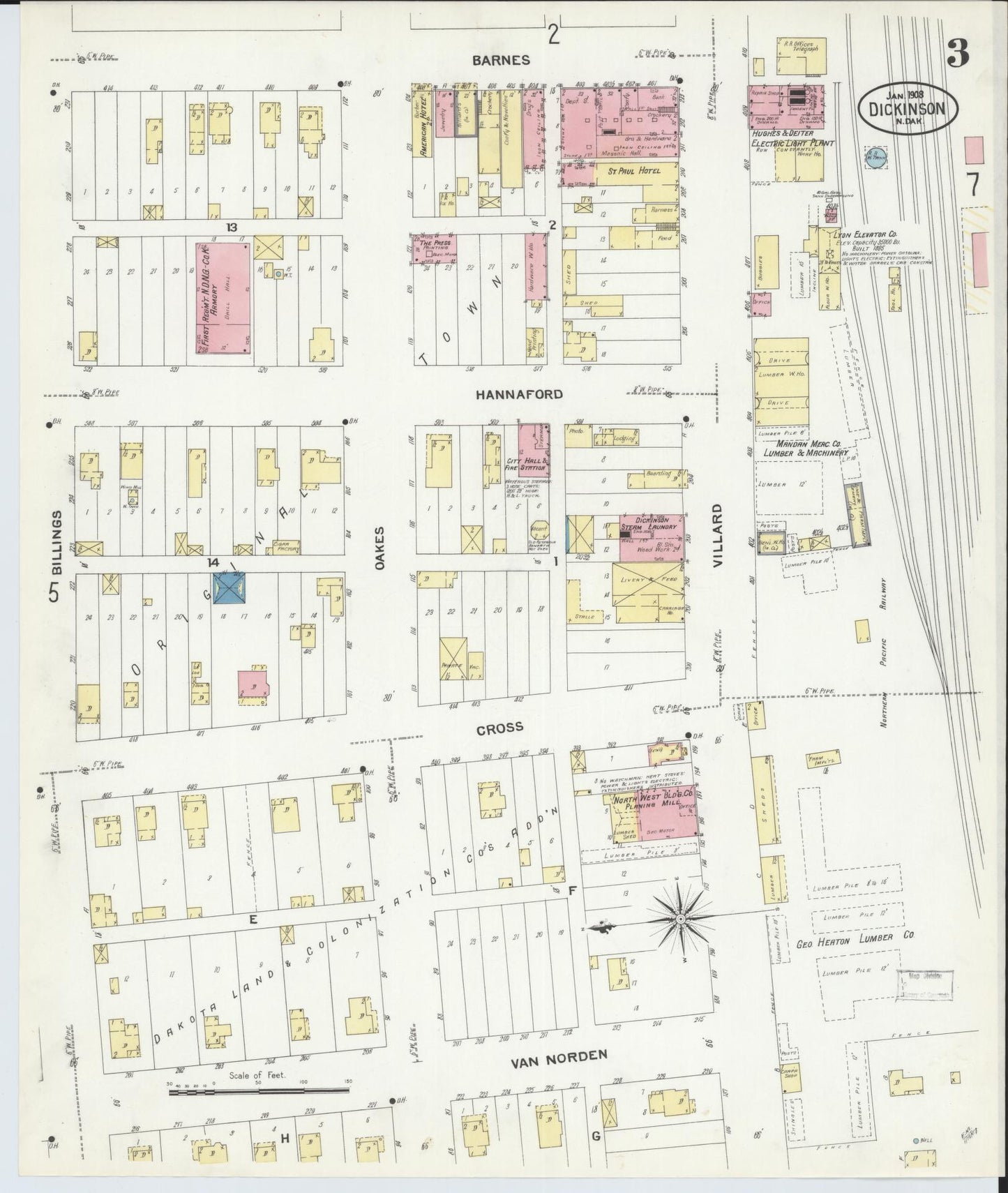 Sanborn Fire Insurance Map from Dickinson, Stark County, North Dakota (1908), Sheet #0003 - Historic Sanborn Fire Insurance Map Print, vintage old map wall art, antique decor, genealogy gift, North Dakota North Dakota map