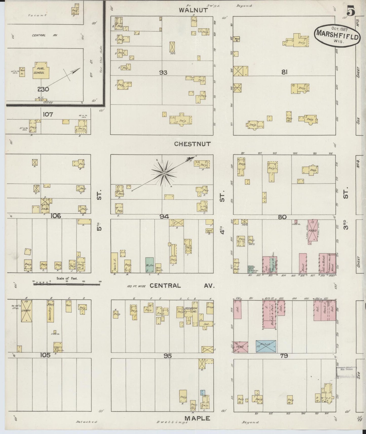 Sanborn Fire Insurance Map from Marshfield, Wood County, Wisconsin (1887), Sheet #0005 - Historic Sanborn Fire Insurance Map Print, vintage old map wall art, antique decor, genealogy gift, Wisconsin Wisconsin map