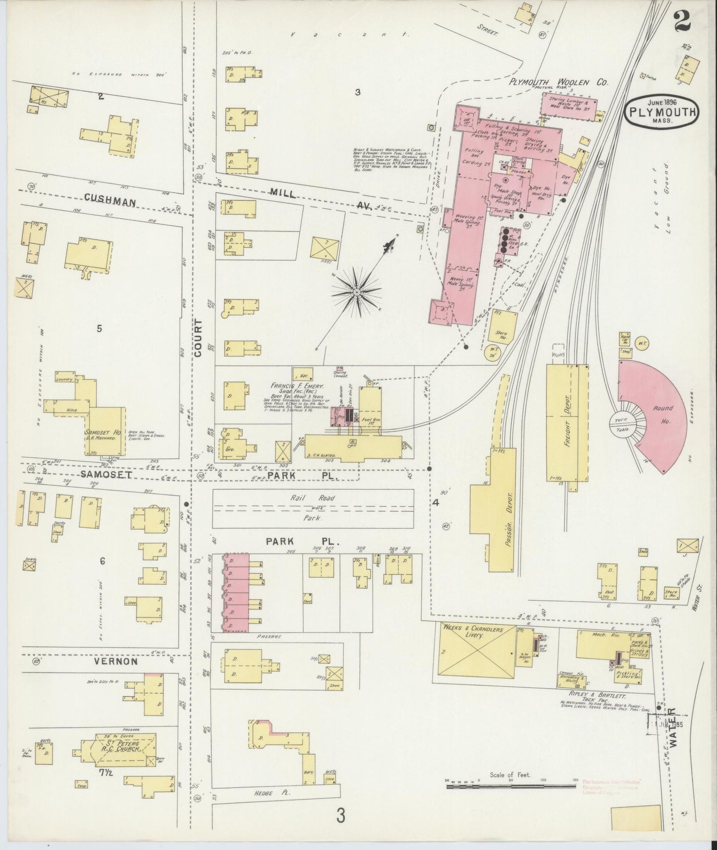 Sanborn Fire Insurance Map from Plymouth, Plymouth County, Massachusetts (1896), Sheet #0002 - Historic Sanborn Fire Insurance Map Print, vintage old map wall art, antique decor, genealogy gift, Massachusetts Massachusetts map