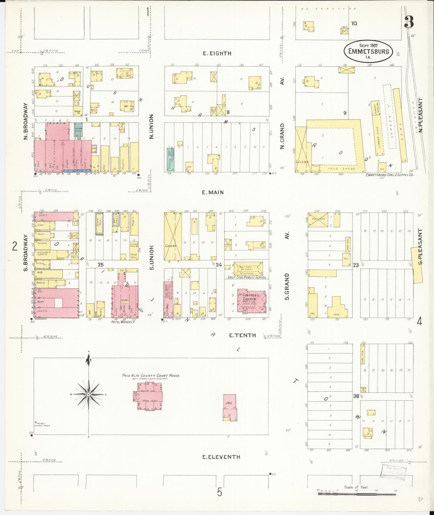 Sanborn Fire Insurance Map from Emmetsburg, Palo Alto County, Iowa (1907), Sheet #0003 - Historic Sanborn Fire Insurance Map Print, vintage old map wall art