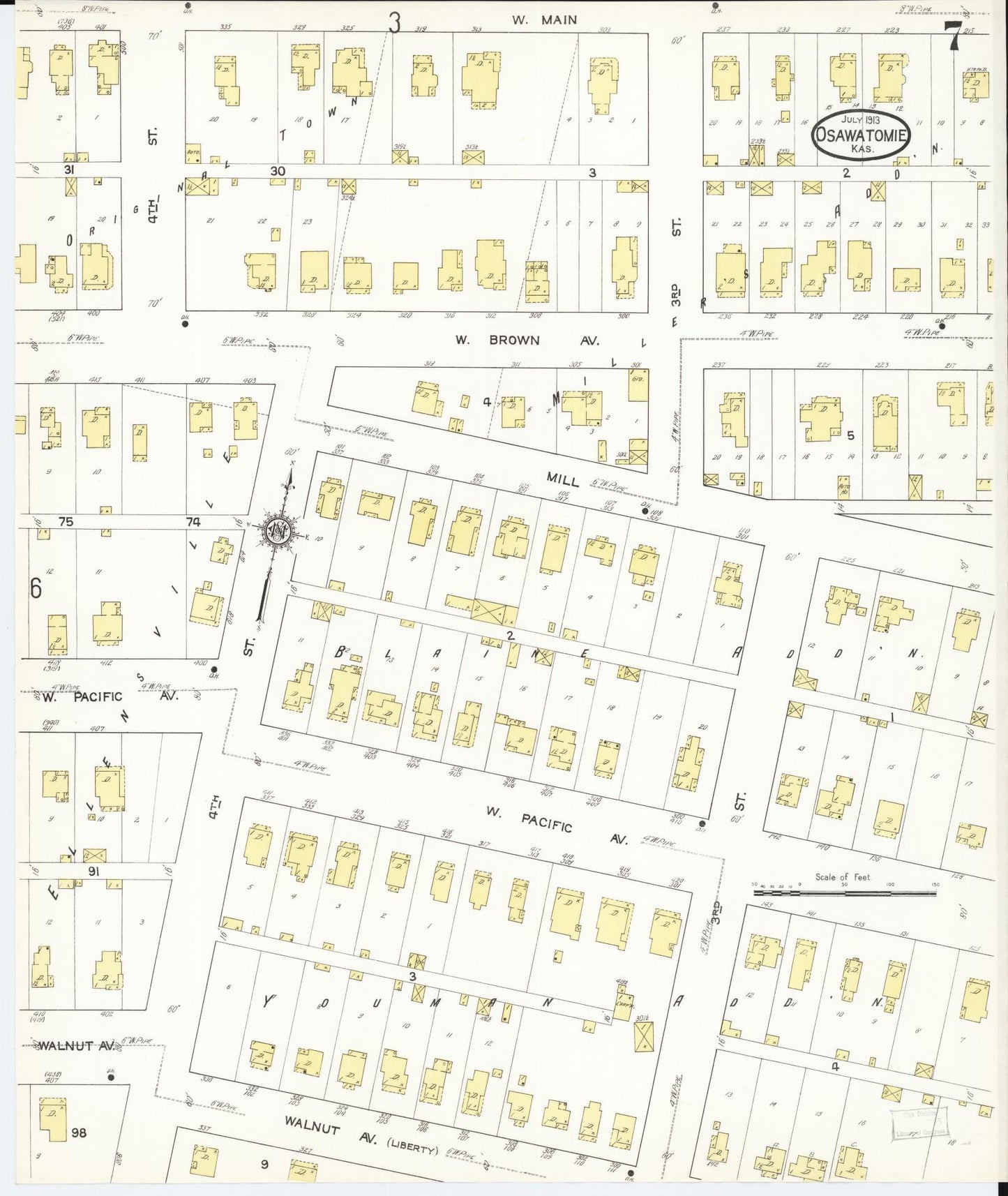 Sanborn Fire Insurance Map from Osawatomie, Miami County, Kansas (1913), Sheet #0007 - Historic Sanborn Fire Insurance Map Print, vintage old map wall art, antique decor, genealogy gift, Kansas Kansas map