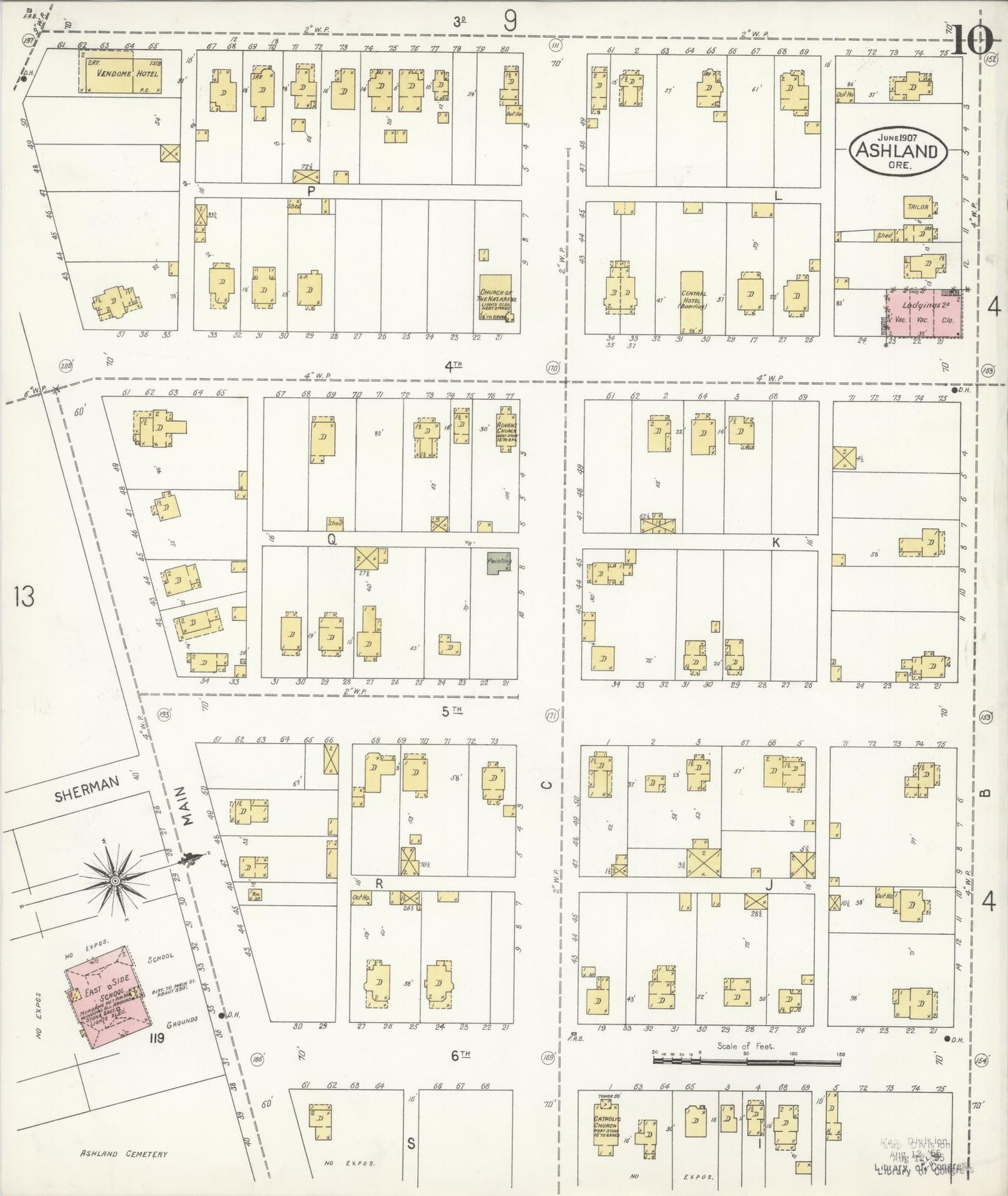 Sanborn Fire Insurance Map from Ashland, Jackson County, Oregon (1907), Sheet #0010 - Historic Sanborn Fire Insurance Map Print, vintage old map wall art, antique decor, genealogy gift, Oregon Oregon map