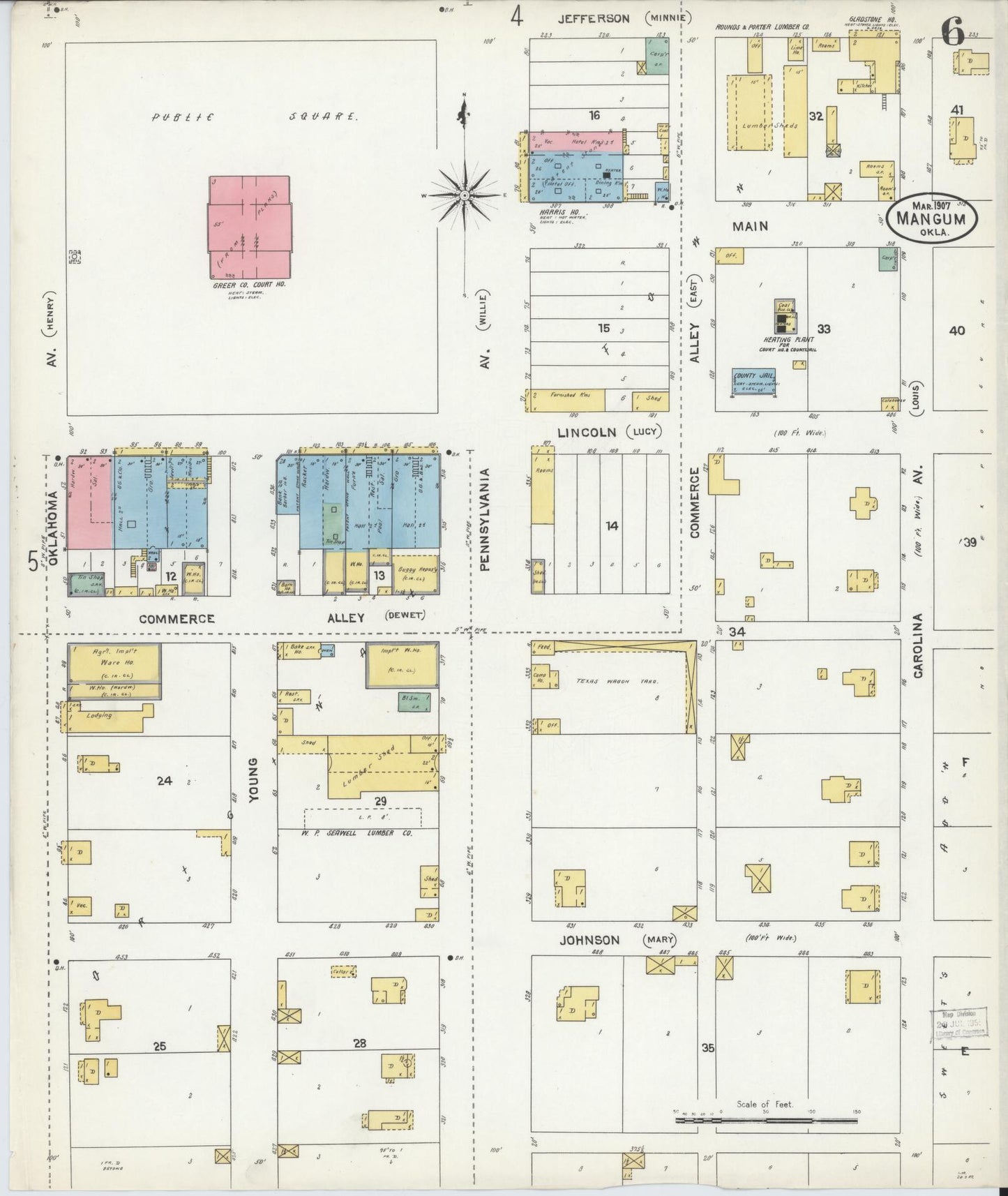 Sanborn Fire Insurance Map from Mangum, Greer County, Oklahoma (1907), Sheet #0006 - Complete Map Set gallery image, historic Sanborn map, vintage wall art, Oklahoma Oklahoma