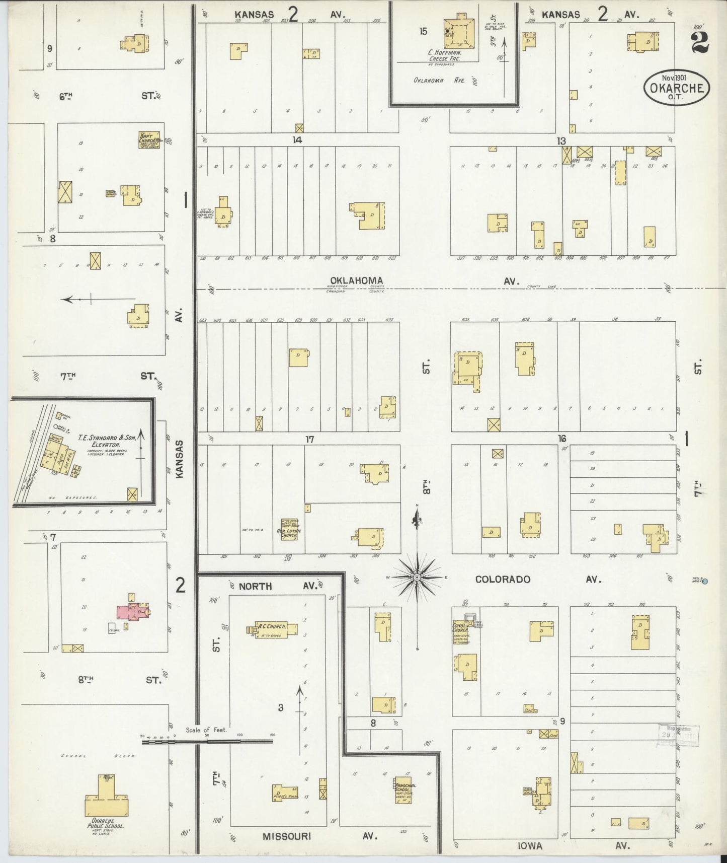 Sanborn Fire Insurance Map from Okarche, Kingfisher and Canadian Counties, Oklahoma (1901), Sheet #0002 - Complete Map Set gallery image, historic Sanborn map, vintage wall art, Oklahoma Oklahoma