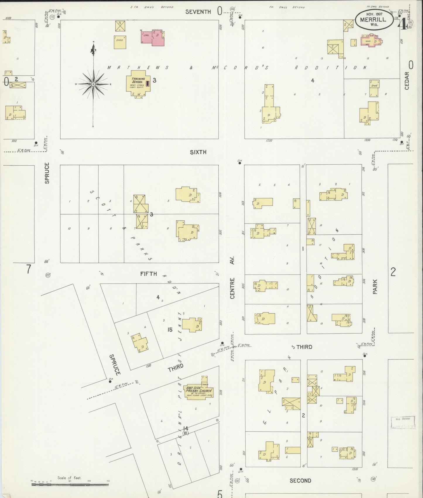 Sanborn Fire Insurance Map from Merrill, Lincoln County, Wisconsin (1907), Sheet #0004 - Historic Sanborn Fire Insurance Map Print, vintage old map wall art, antique decor, genealogy gift, Wisconsin Wisconsin map