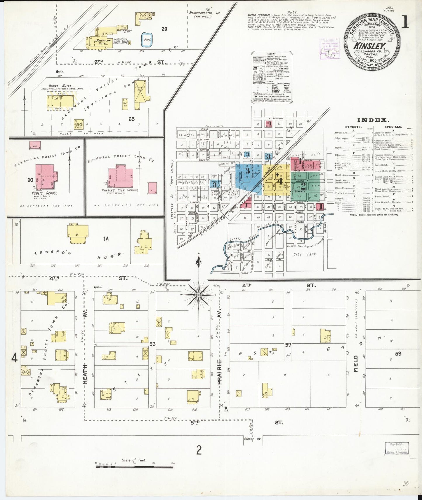 Sanborn Fire Insurance Map from Kinsley, Edwards County, Kansas (1905), Sheet #0001 - Historic Sanborn Fire Insurance Map Print, vintage old map wall art, antique decor, genealogy gift, Kansas Kansas map