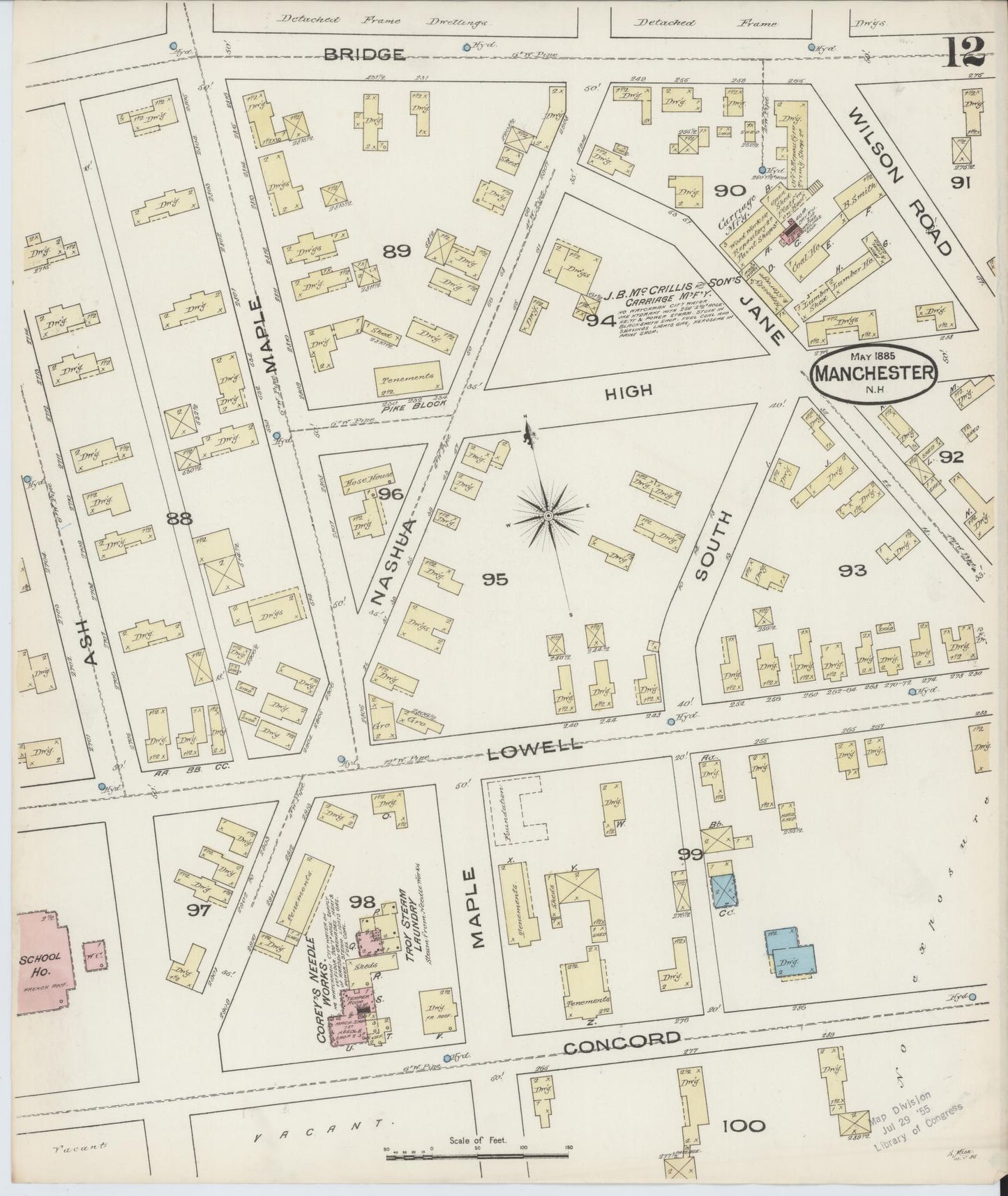 Sanborn Fire Insurance Map from Manchester, Hillsborough County, New Hampshire. (1885), Sheet 12 – Historic Sanborn Fire Insurance Map Print