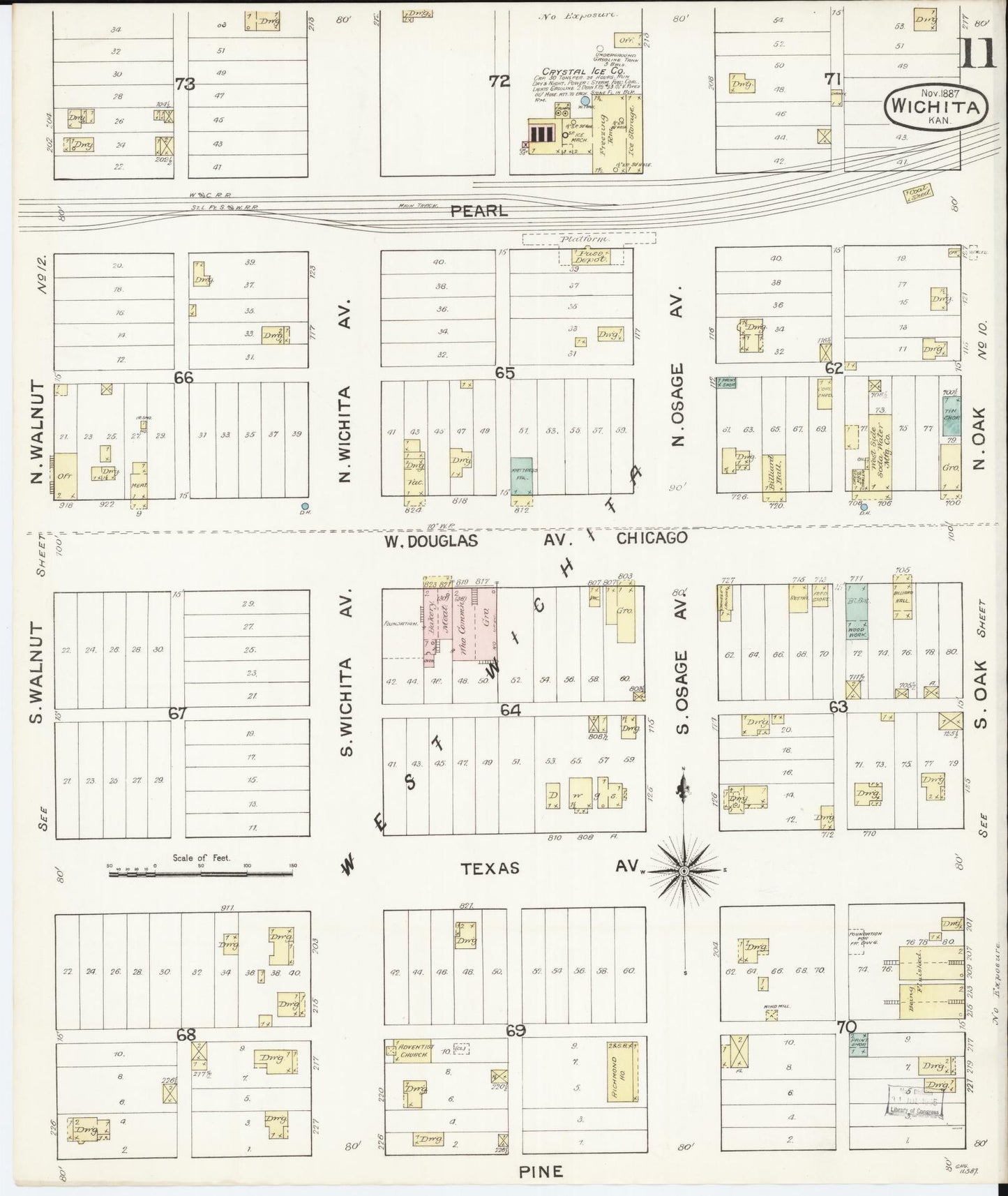 Sanborn Fire Insurance Map from Wichita, Sedgwick County, Kansas (1887), Sheet #0011 - Historic Sanborn Fire Insurance Map Print, vintage old map wall art, antique decor, genealogy gift, Kansas Kansas map