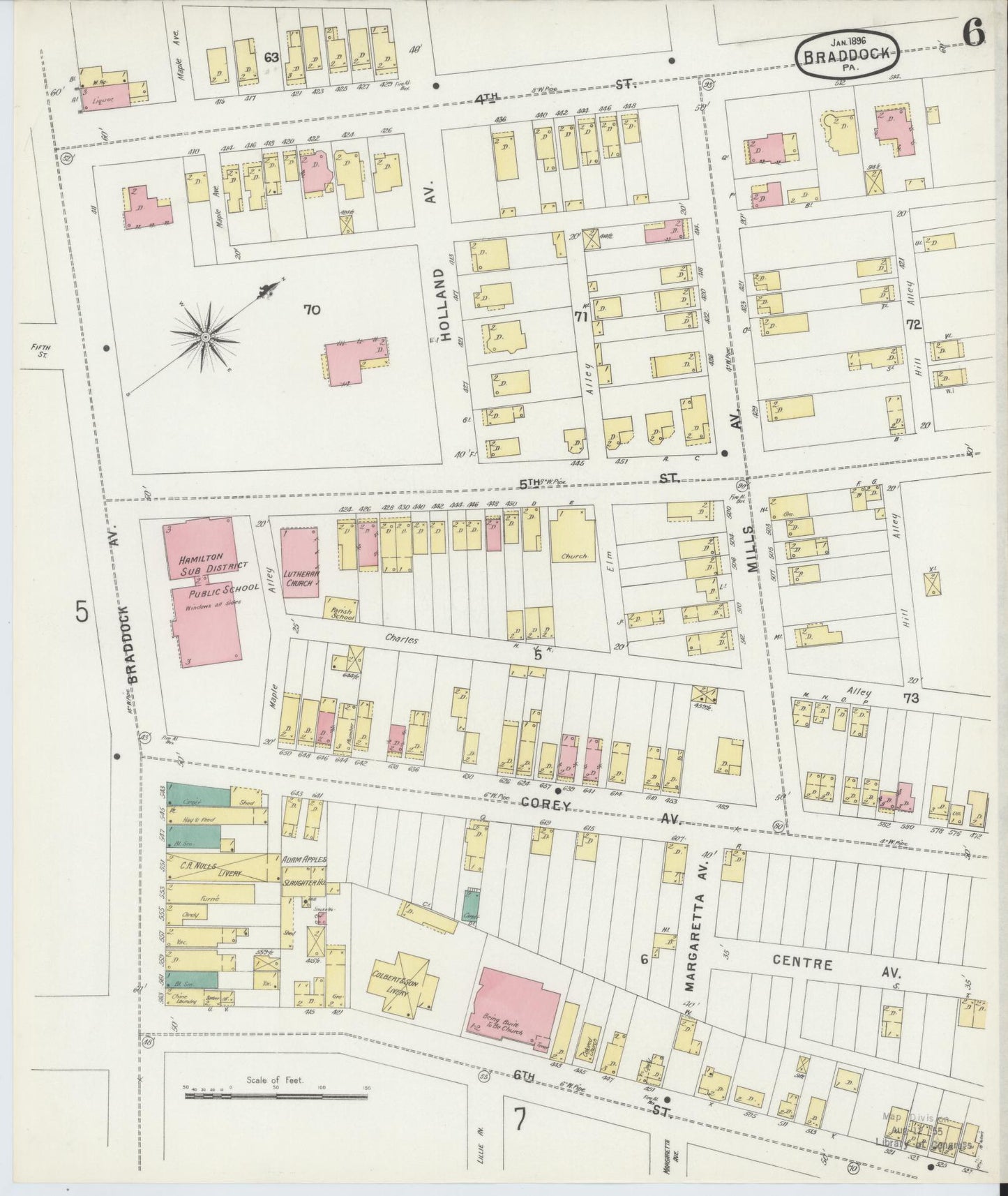 Sanborn Fire Insurance Map from Braddock, Allegheny County, Pennsylvania (1896), Sheet #0006 - Historic Sanborn Fire Insurance Map Print, vintage old map wall art, antique decor, genealogy gift, Pennsylvania Pennsylvania map