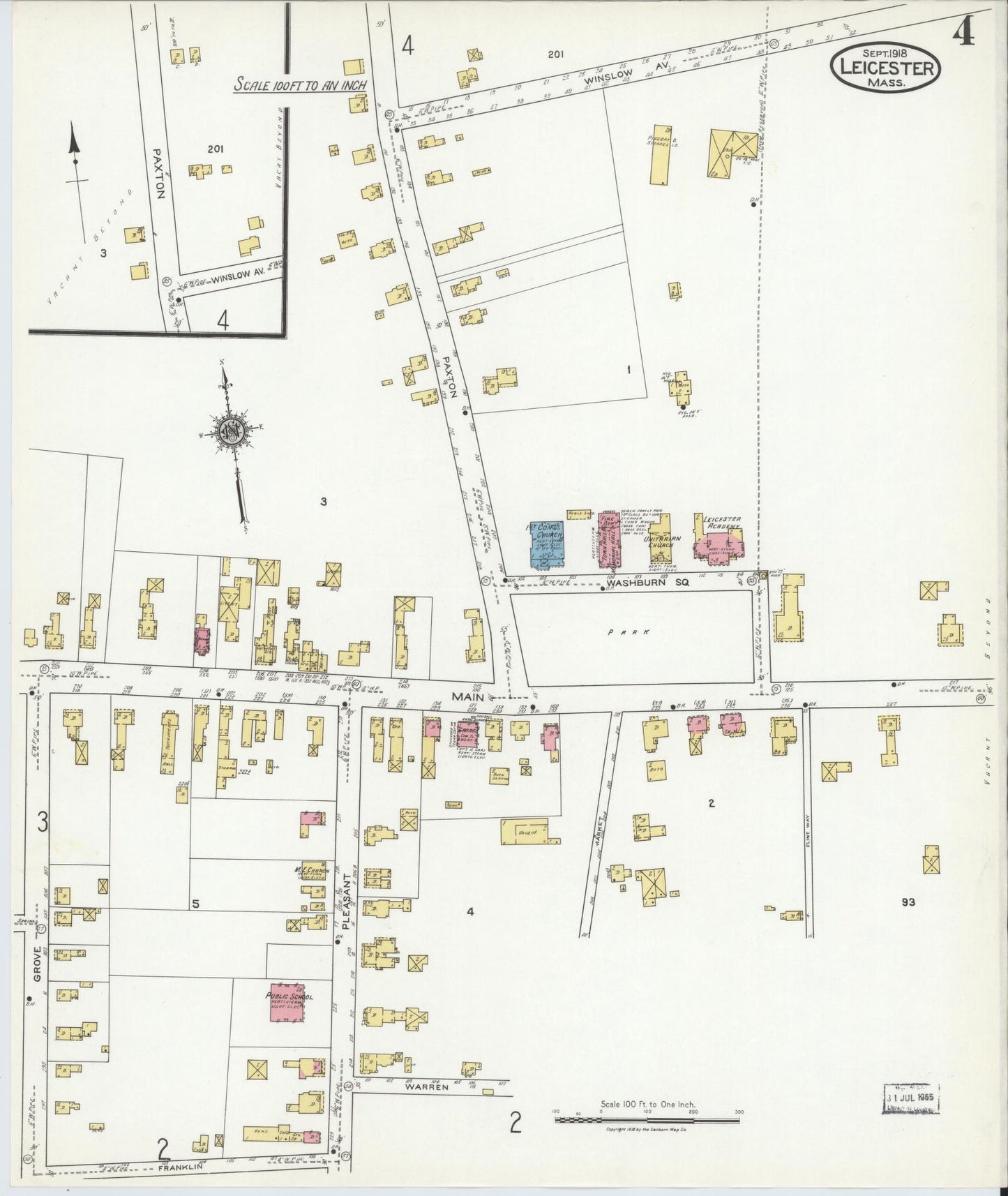 Sanborn Fire Insurance Map from Leicester, Worcester County, Massachusetts (1918), Sheet #0004 - Historic Sanborn Fire Insurance Map Print, vintage old map wall art, antique decor, genealogy gift, Massachusetts Massachusetts map