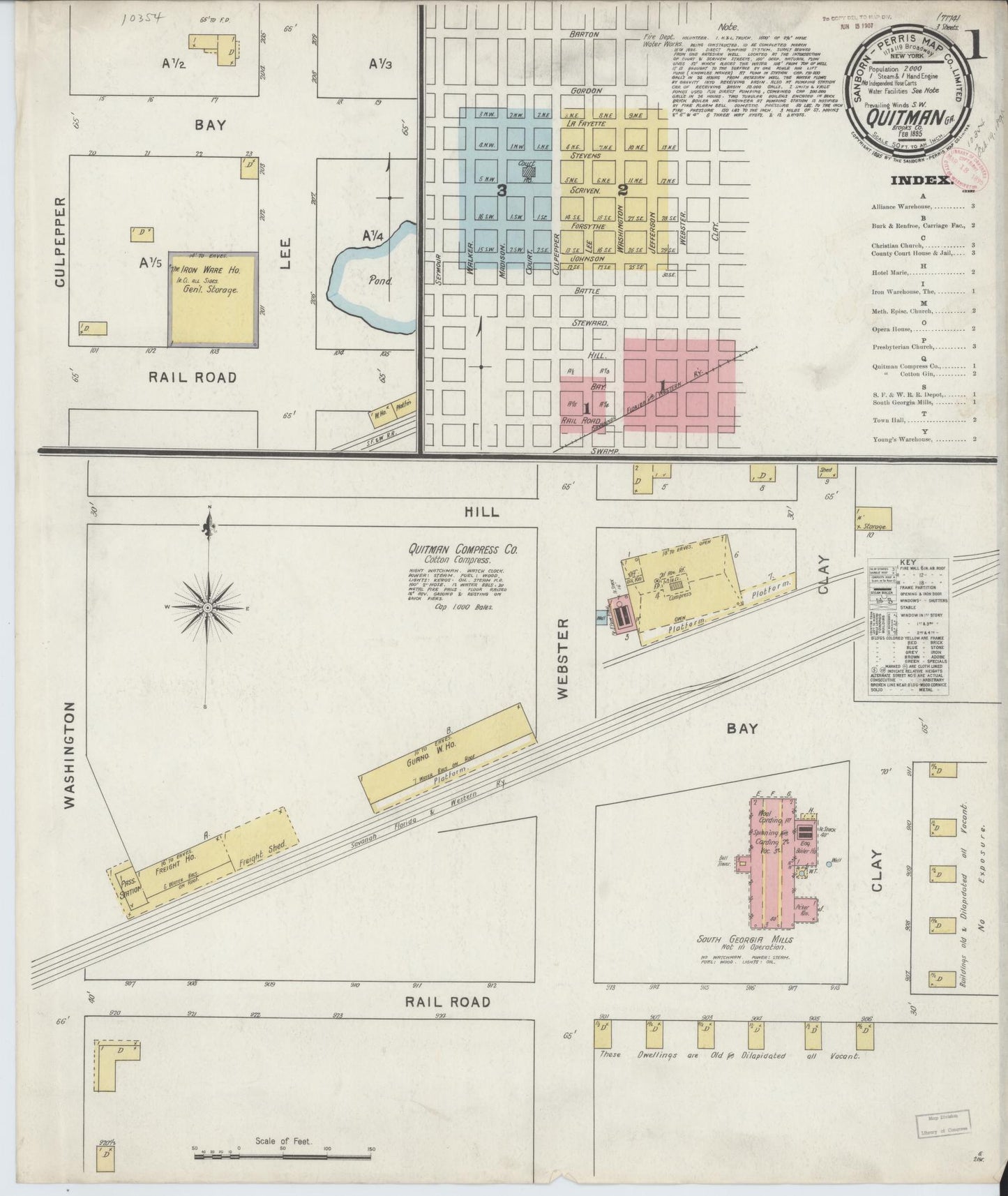 Sanborn Fire Insurance Map from Quitman, Brooks County, Georgia (1895), Sheet #0001 - Historic Sanborn Fire Insurance Map Print, vintage old map wall art, antique decor, genealogy gift, Georgia Georgia map