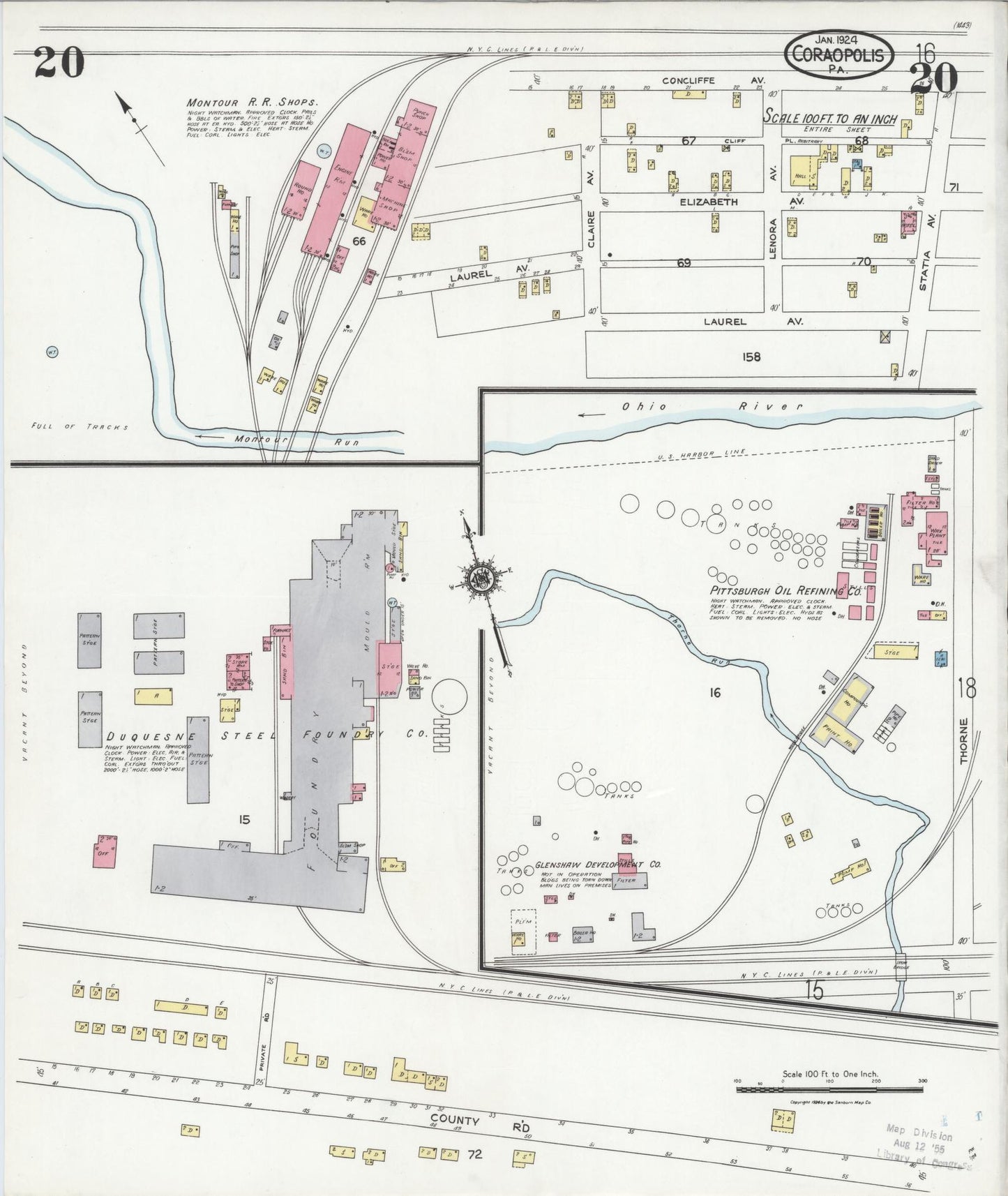 Sanborn Fire Insurance Map from Coraopolis, Allegheny County, Pennsylvania (1924), Sheet #0020 - Historic Sanborn Fire Insurance Map Print, vintage old map wall art, antique decor, genealogy gift, Pennsylvania Pennsylvania map