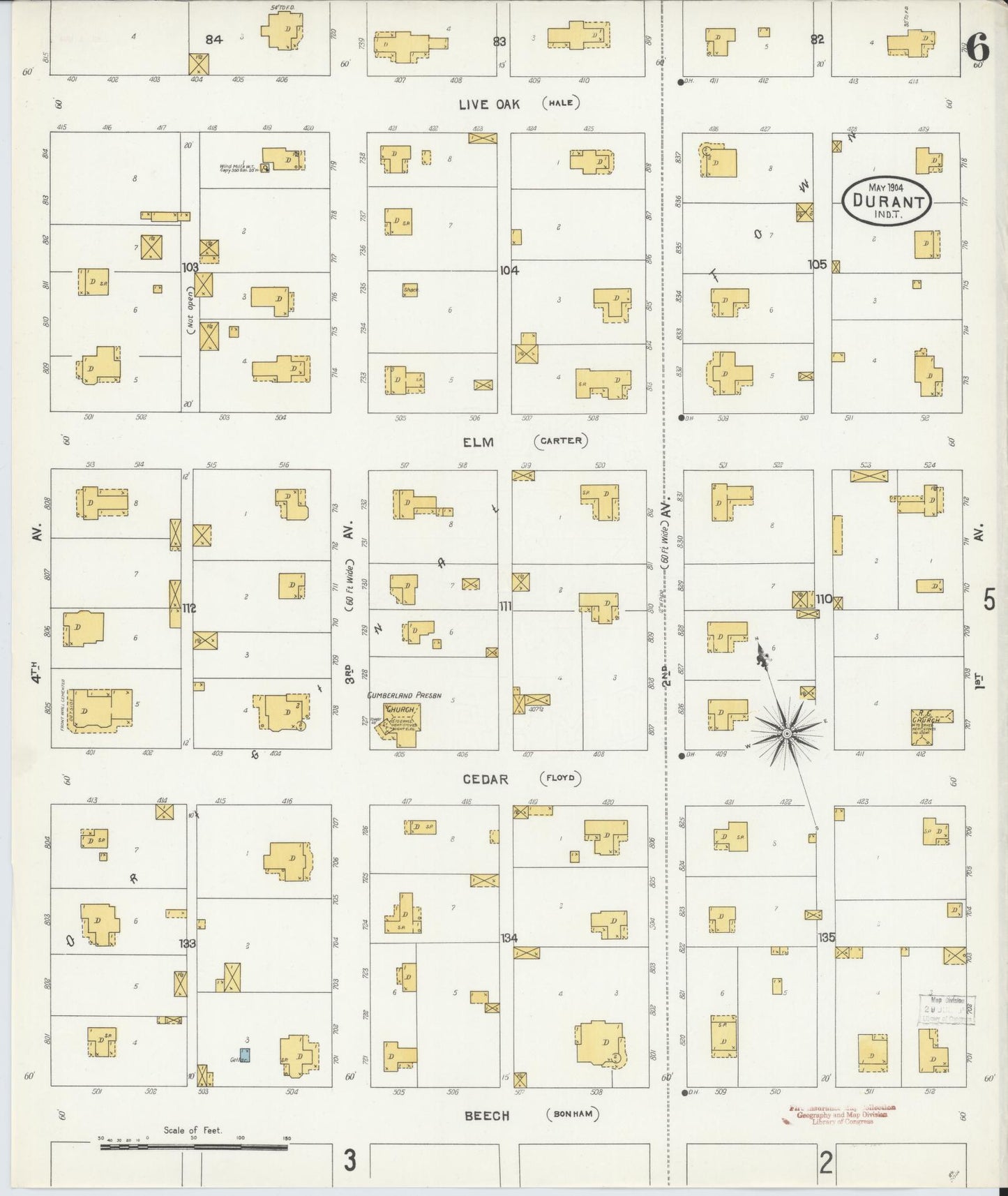 Sanborn Fire Insurance Map from Durant, Bryan County, Oklahoma (1904), Sheet #0006 - Historic Sanborn Fire Insurance Map Print, vintage old map wall art, antique decor, genealogy gift, Oklahoma Oklahoma map