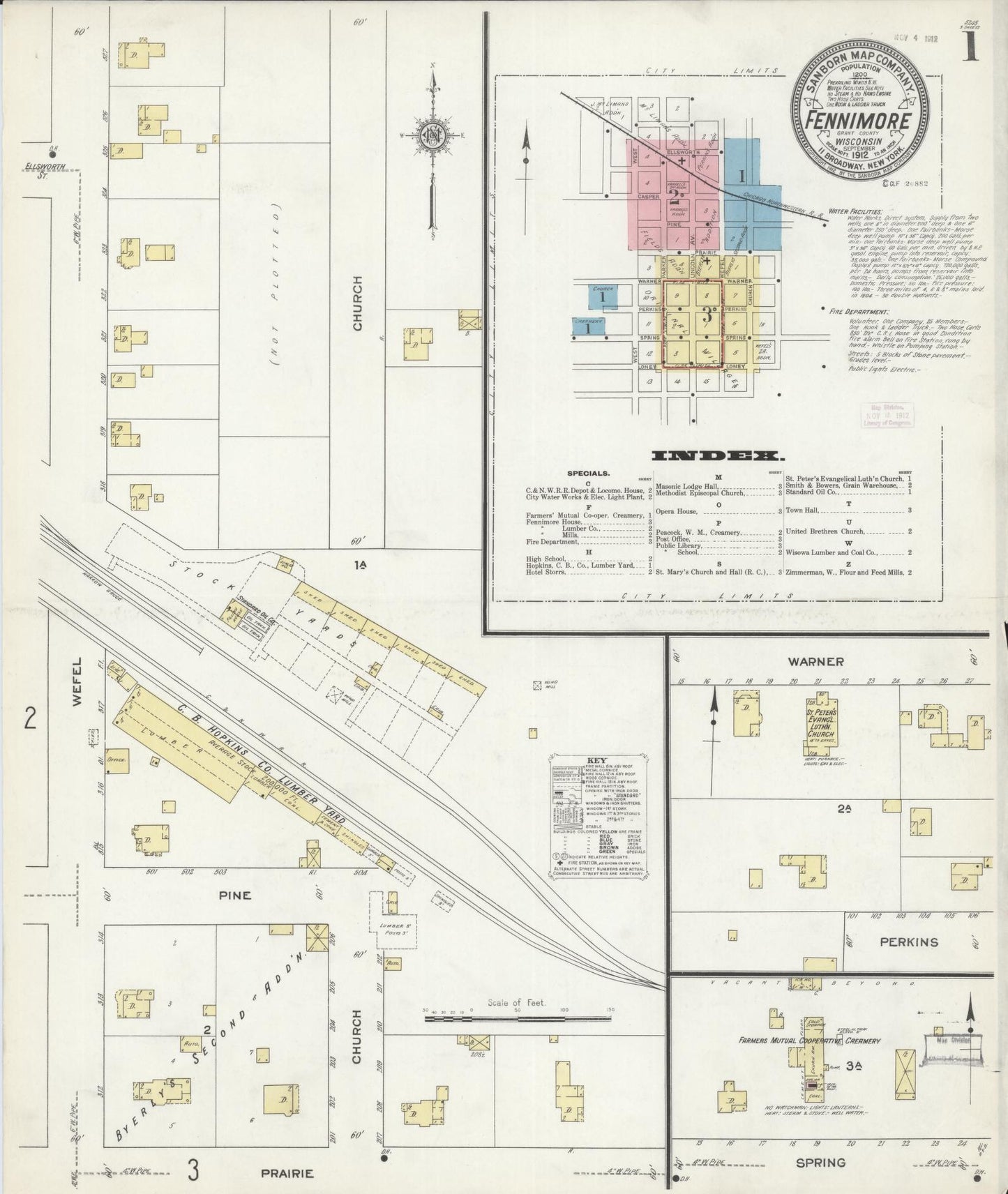 Sanborn Fire Insurance Map from Fennimore, Grant County, Wisconsin (1912), Sheet #0001 - Historic Sanborn Fire Insurance Map Print, vintage old map wall art, antique decor, genealogy gift, Wisconsin Wisconsin map