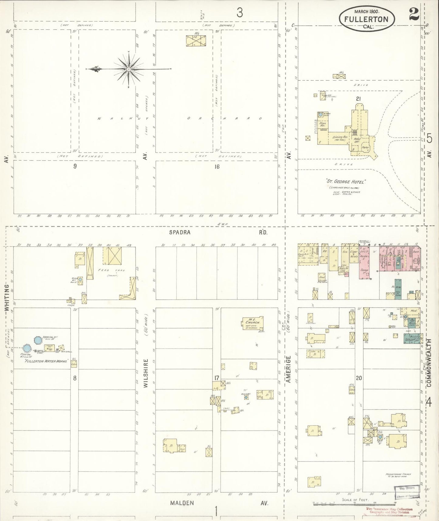 Sanborn Fire Insurance Map from Fullerton, Orange County, California (1900), Sheet #0002 - Historic Sanborn Fire Insurance Map Print, vintage old map wall art, antique decor, genealogy gift, California California map