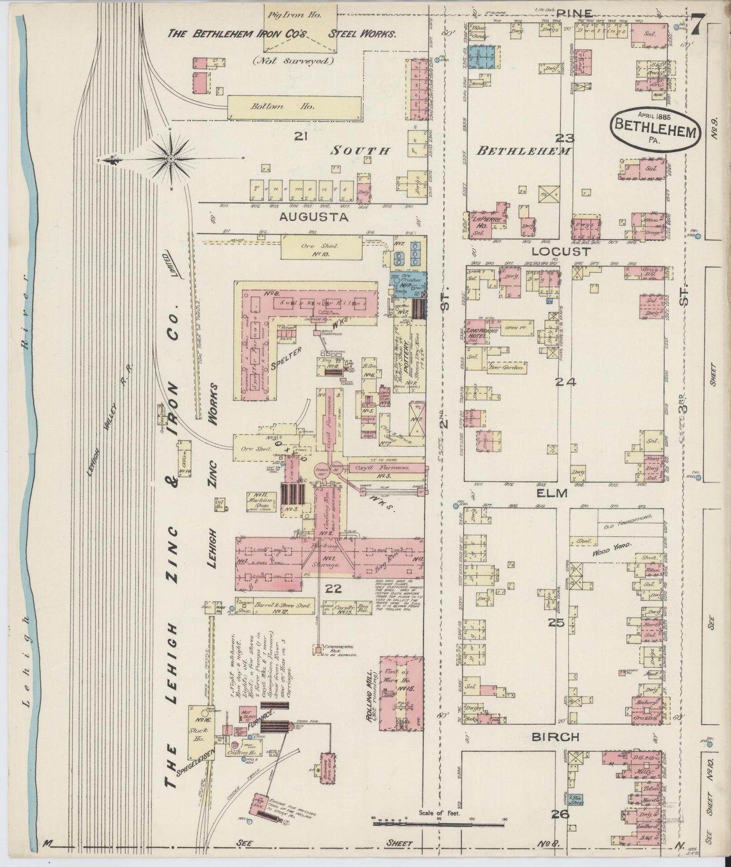 Sanborn Fire Insurance Map from Bethlehem, Northampton And Lehigh Counties, Pennsylvania (1885), Sheet #0007 - Historic Sanborn Fire Insurance Map Print, vintage old map wall art, antique decor, genealogy gift, Pennsylvania Pennsylvania map