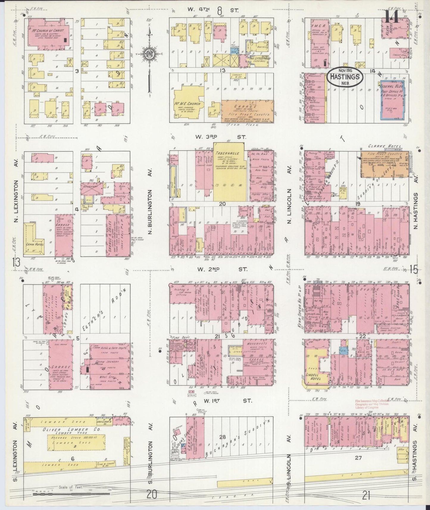 Sanborn Fire Insurance Map from Hastings, Adams County, Nebraska (1915), Sheet #0014 - Historic Sanborn Fire Insurance Map Print, vintage old map wall art, antique decor, genealogy gift, Nebraska Nebraska map