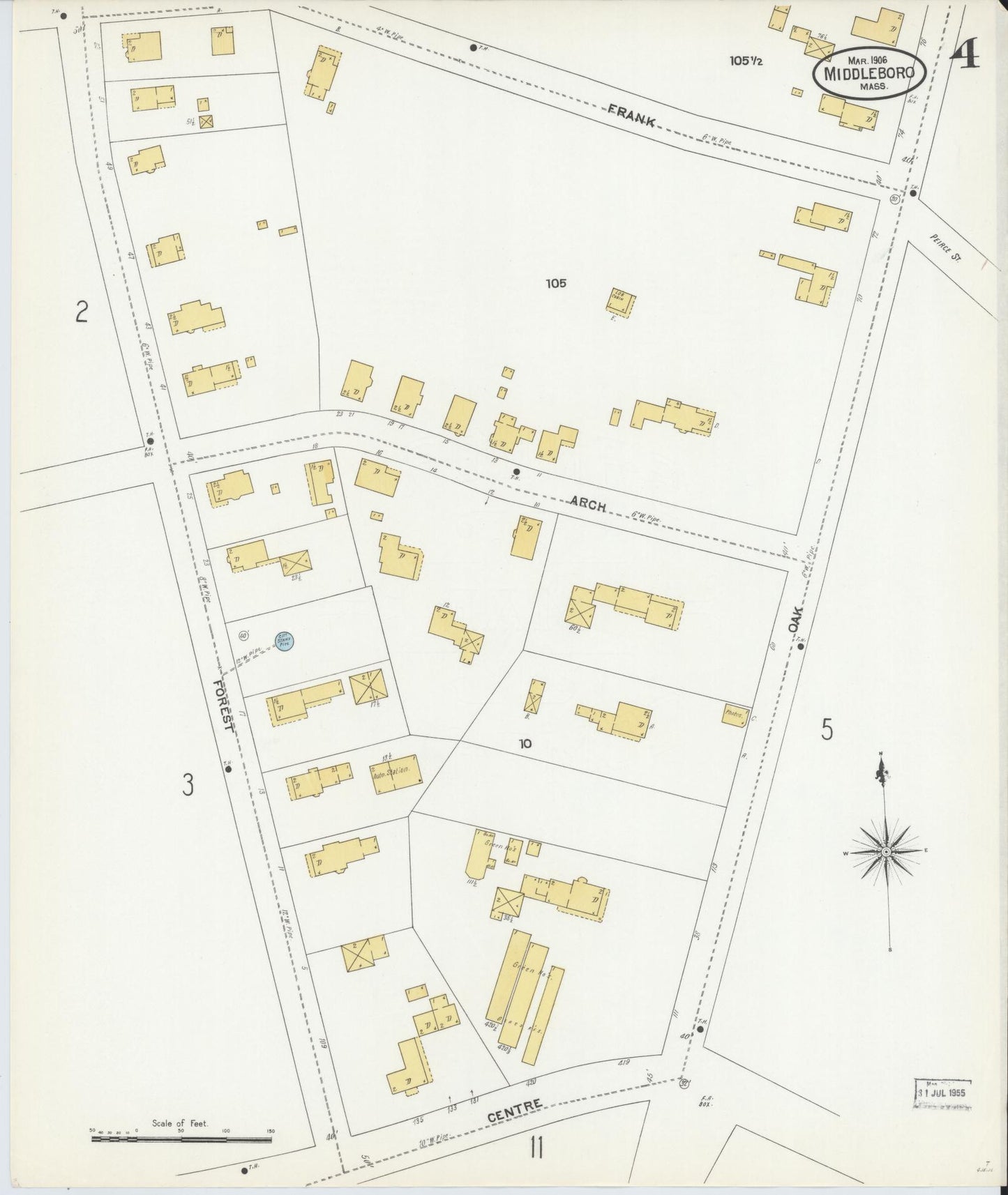 Sanborn Fire Insurance Map from Middleboro, Plymouth County, Massachusetts (1906), Sheet #0004 - Historic Sanborn Fire Insurance Map Print, vintage old map wall art, antique decor, genealogy gift, Massachusetts Massachusetts map