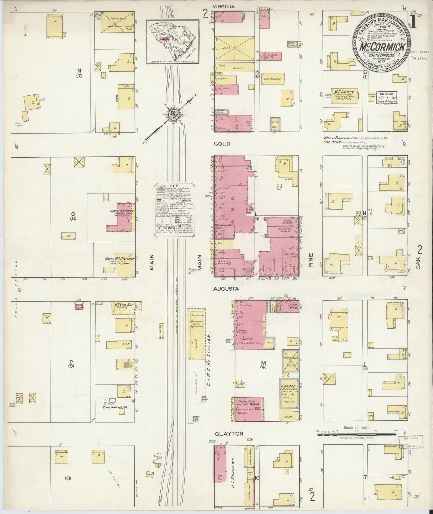 Sanborn Fire Insurance Map from McCormick, McCormick County, South Carolina (1917), Sheet #0001 - Historic Sanborn Fire Insurance Map Print, vintage old map wall art, antique decor, genealogy gift, South Carolina South Carolina map