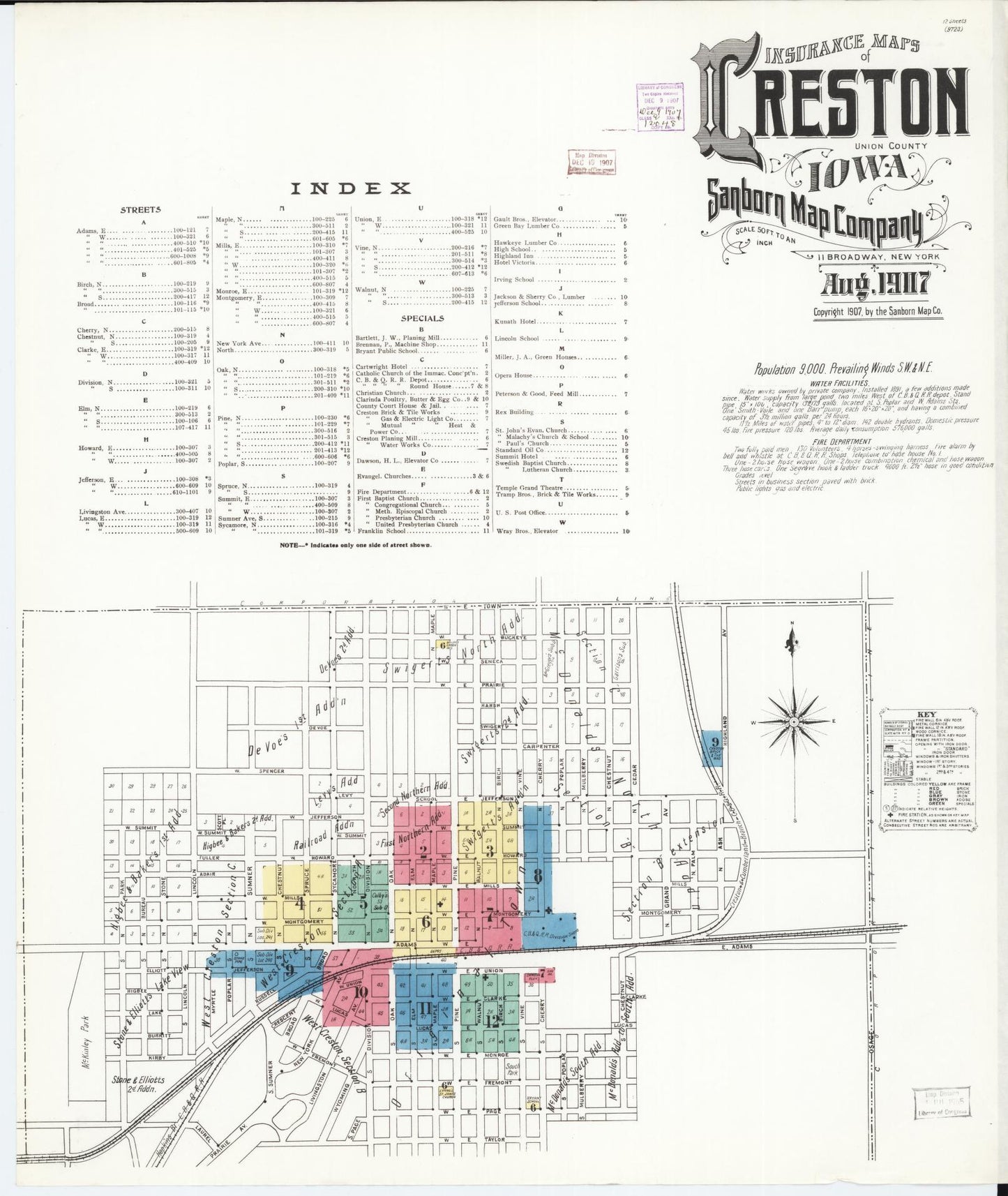 Sanborn Fire Insurance Map from Creston, Union County, Iowa (1907), Sheet #0001 - Historic Sanborn Fire Insurance Map Print, vintage old map wall art