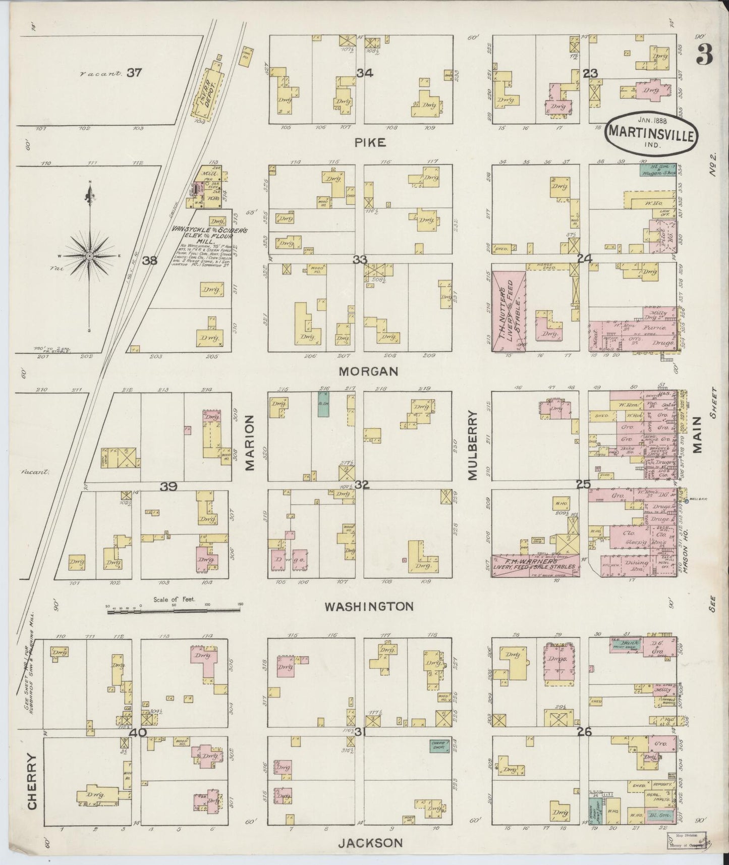 Sanborn Fire Insurance Map from Martinsville, Morgan County, Indiana (1888), Sheet #0003 - Complete Map Set gallery image, historic Sanborn map, vintage wall art, Indiana Indiana